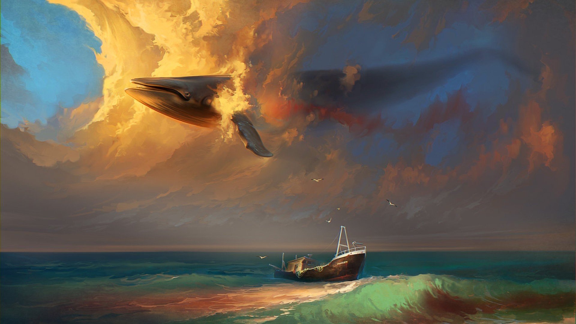 kunst meer schiff wal himmel surrealismus wolken möwen vögel wellen