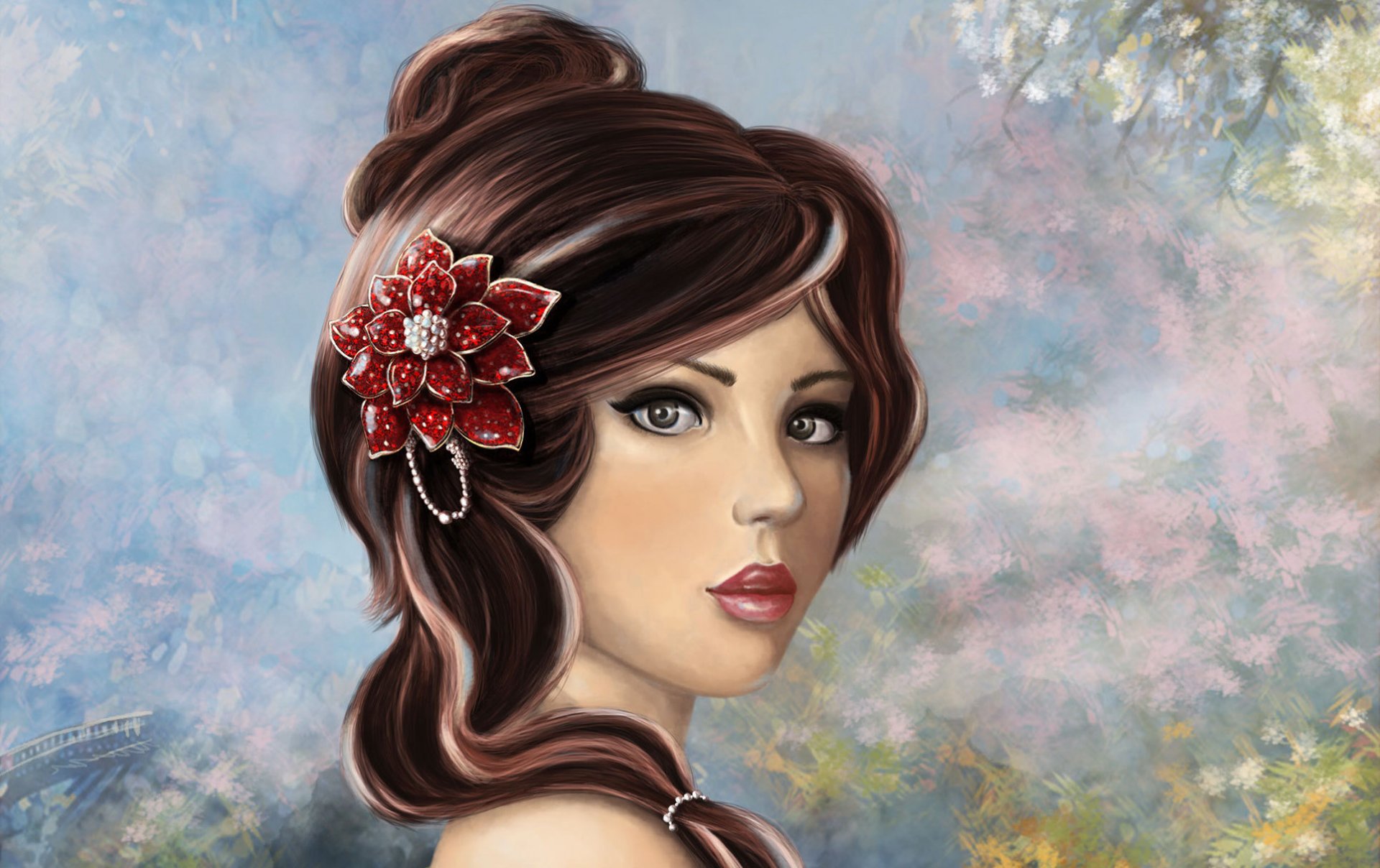 art painting girl hair style flower decoration face make-up lips view