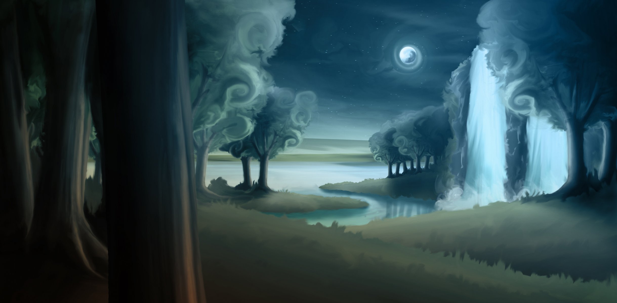 art forest night river tree trunks moon waterfall