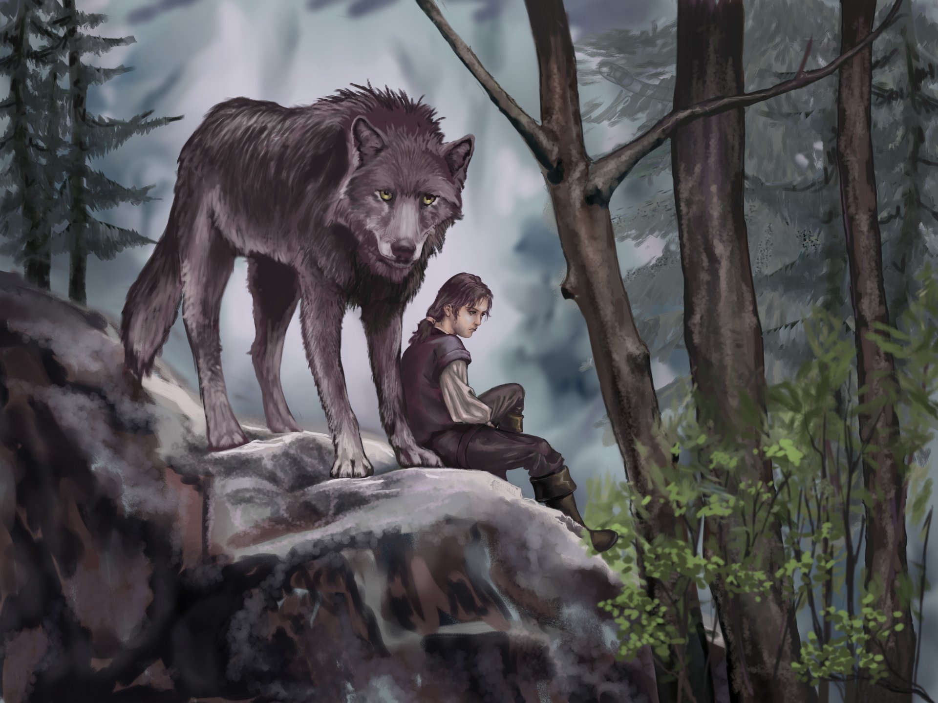 juego de tronos arya stark nymeria pintura arte lobo depredador animal bosque árboles hojas