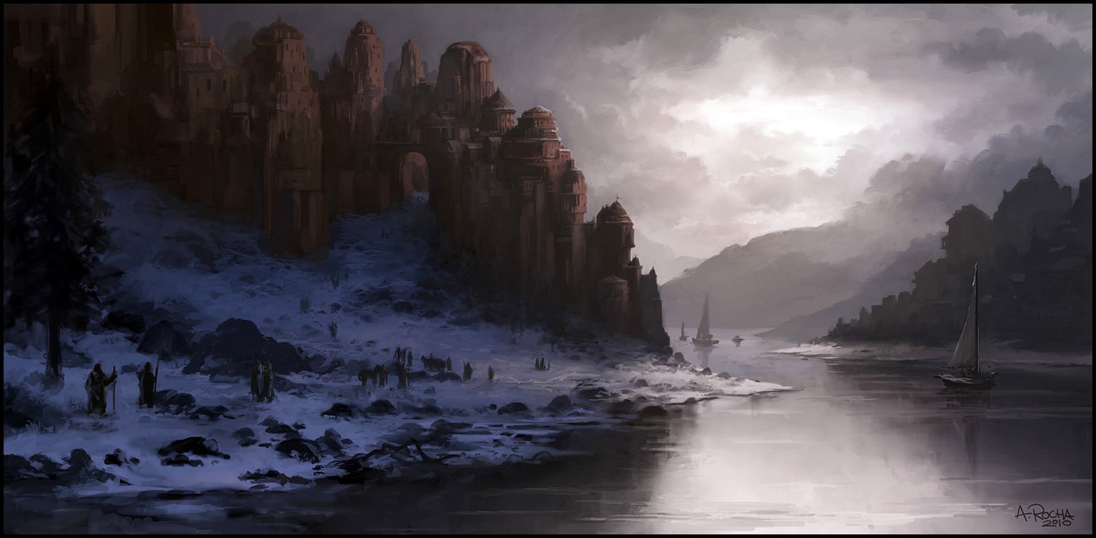 andreas rocha arte invierno nieve crepúsculo castillo río barcos cielo nubes personas