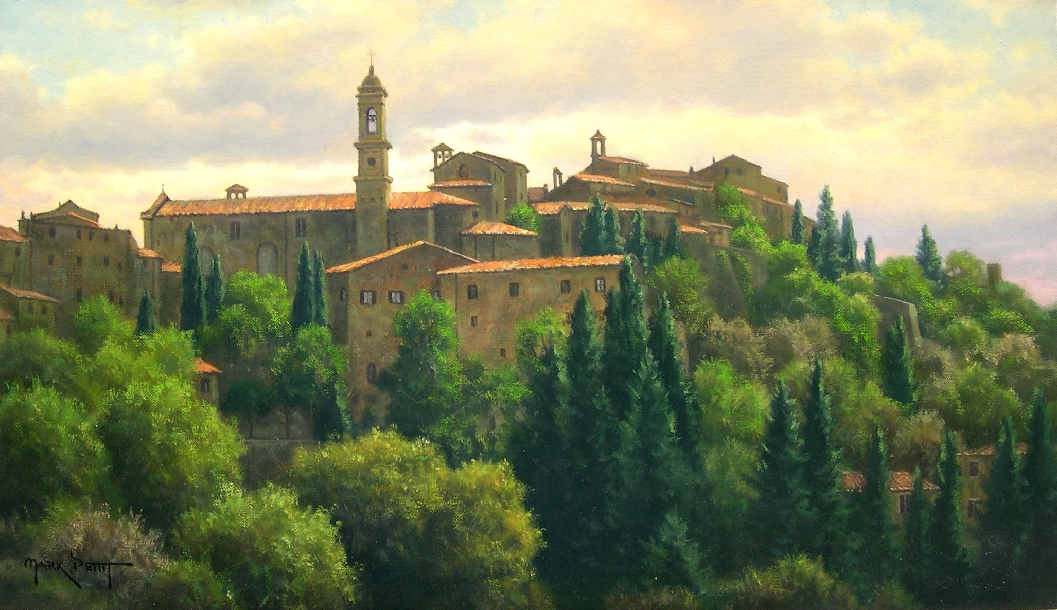 pintura paisaje marc petit italia ciudad edificios árboles casas techos campanario verano luz