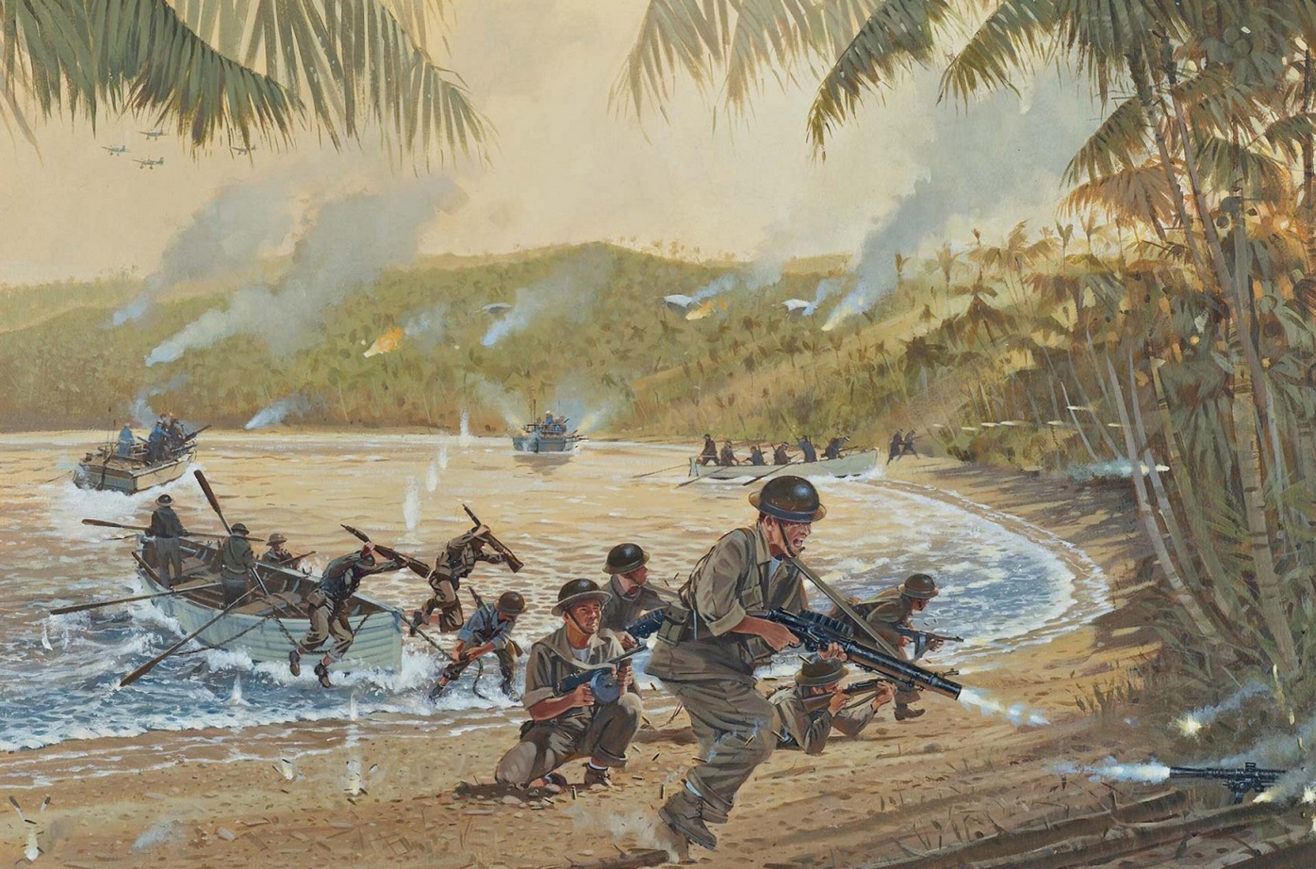 philippines guerre lagon bateaux canots débarquement soldats mitraillettes fusils coups de feu pauses feu fumée ww2 dessin