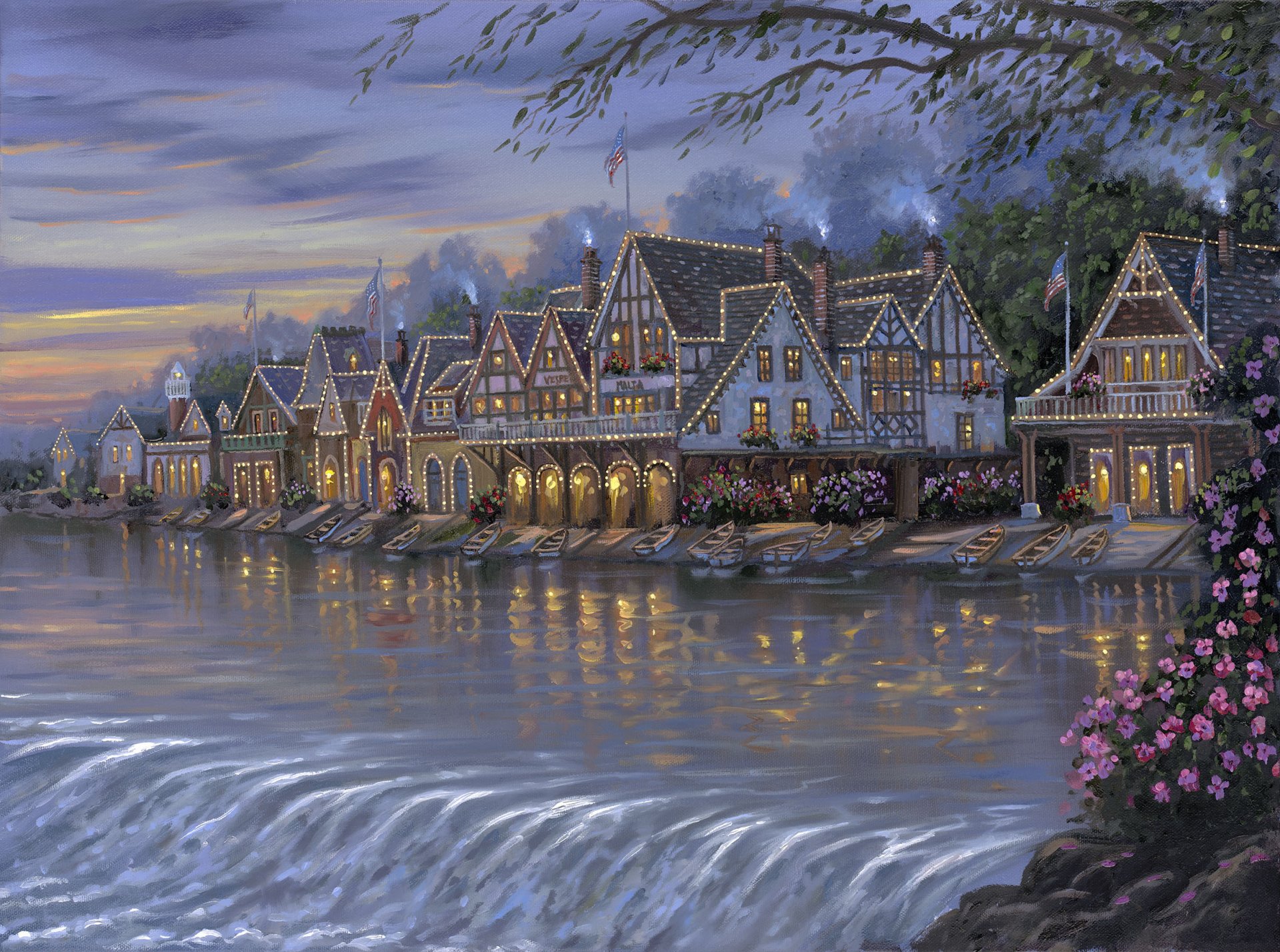 peinture robert finale maisons tuyaux fumée rivière eau rapides bateaux rivage fleurs lumières réflexion drapeaux soirée