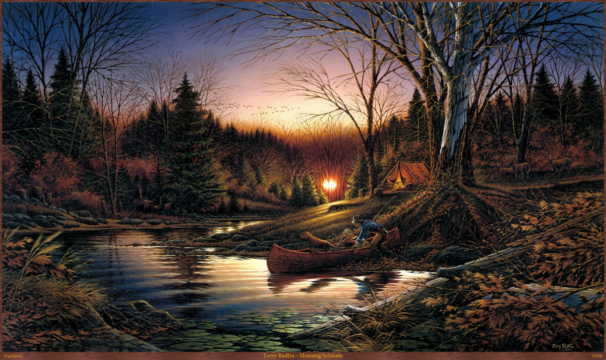 terry redlin solitude du matin peinture automne matin lever du soleil forêt tente rivière bateau chien cerf oiseaux migrateurs