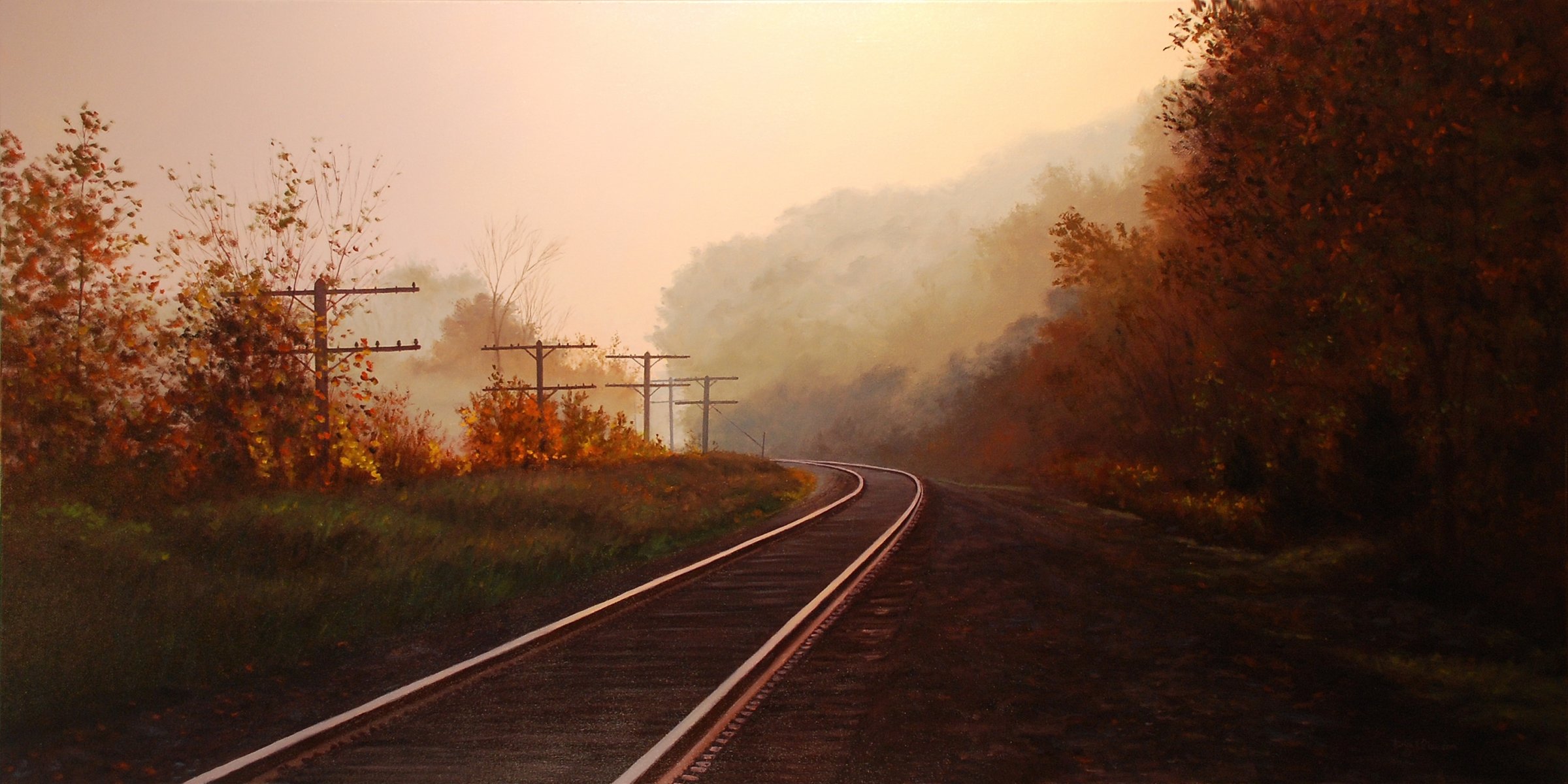 pintura paisaje arte brian slawson otoño rieles ferrocarril bosque árboles pilares niebla