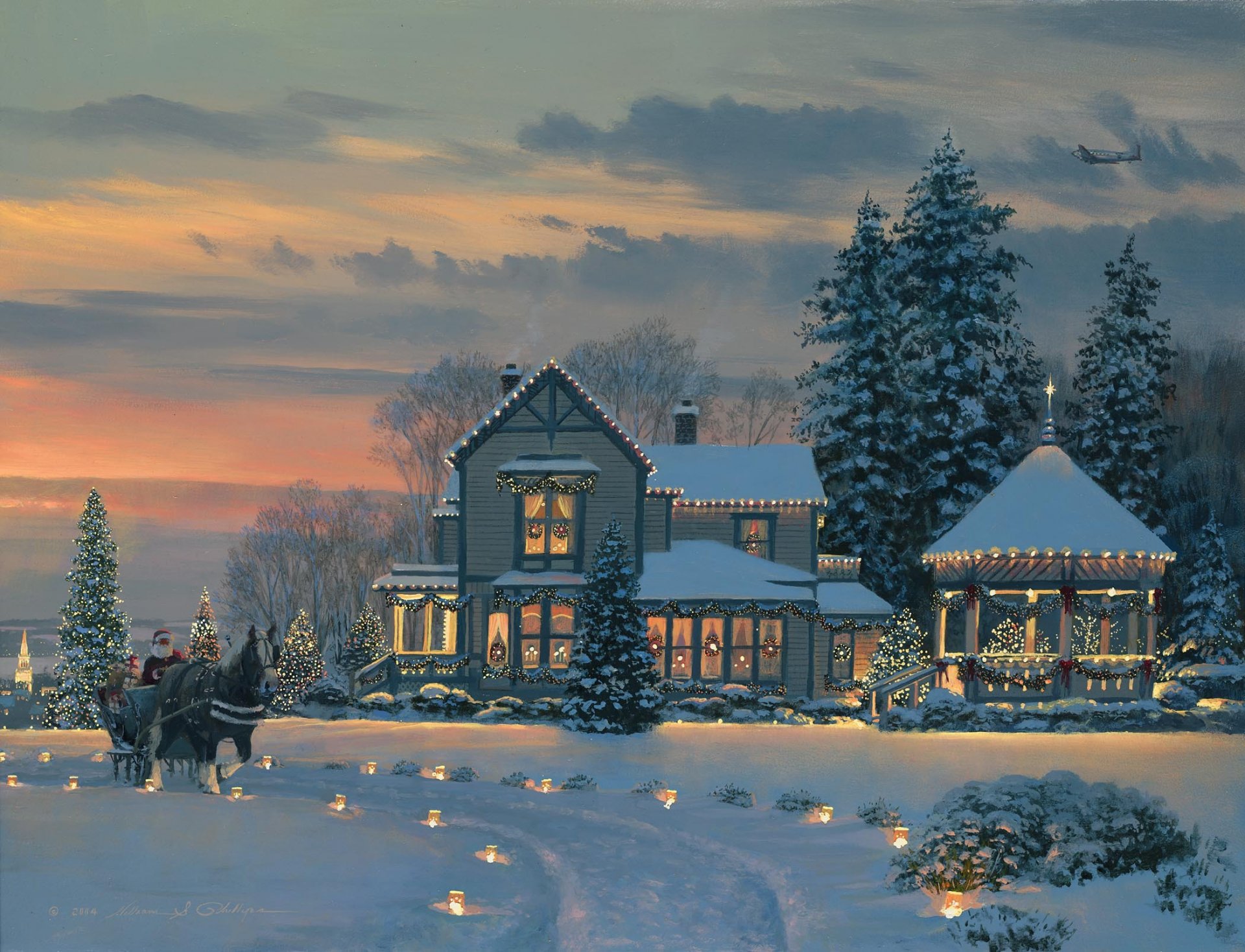 william s. phillips natale a winchester inn pittura natale capodanno inverno neve abete albero di natale ghirlande luci babbo natale carro cavallo regali lanterne aereo casa cottage gazebo decorazioni natalizie partito