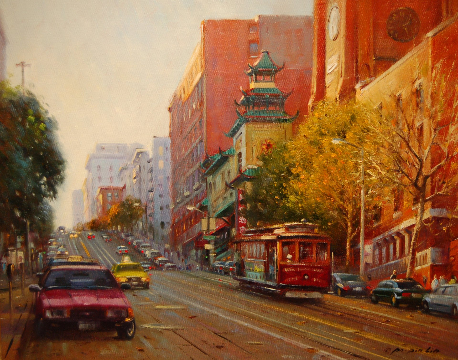 pittura arte da pin lin autunno tram taxi pagoda sera tramonto