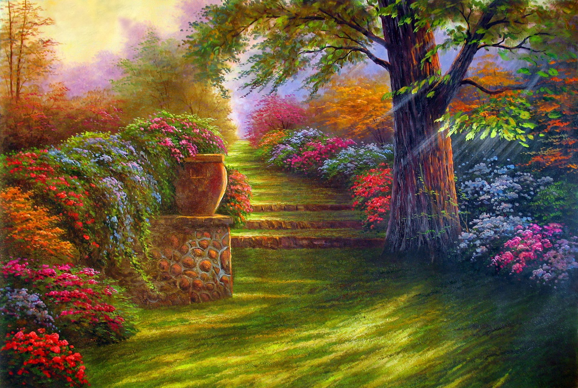 pintura jardín flores camino escalones naturaleza árbol paisaje