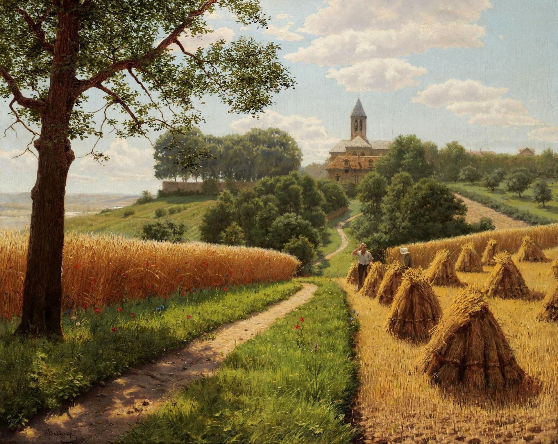 bild landschaft boris bessonov feld weizen bäume garben fußweg häuser licht himmel wolken