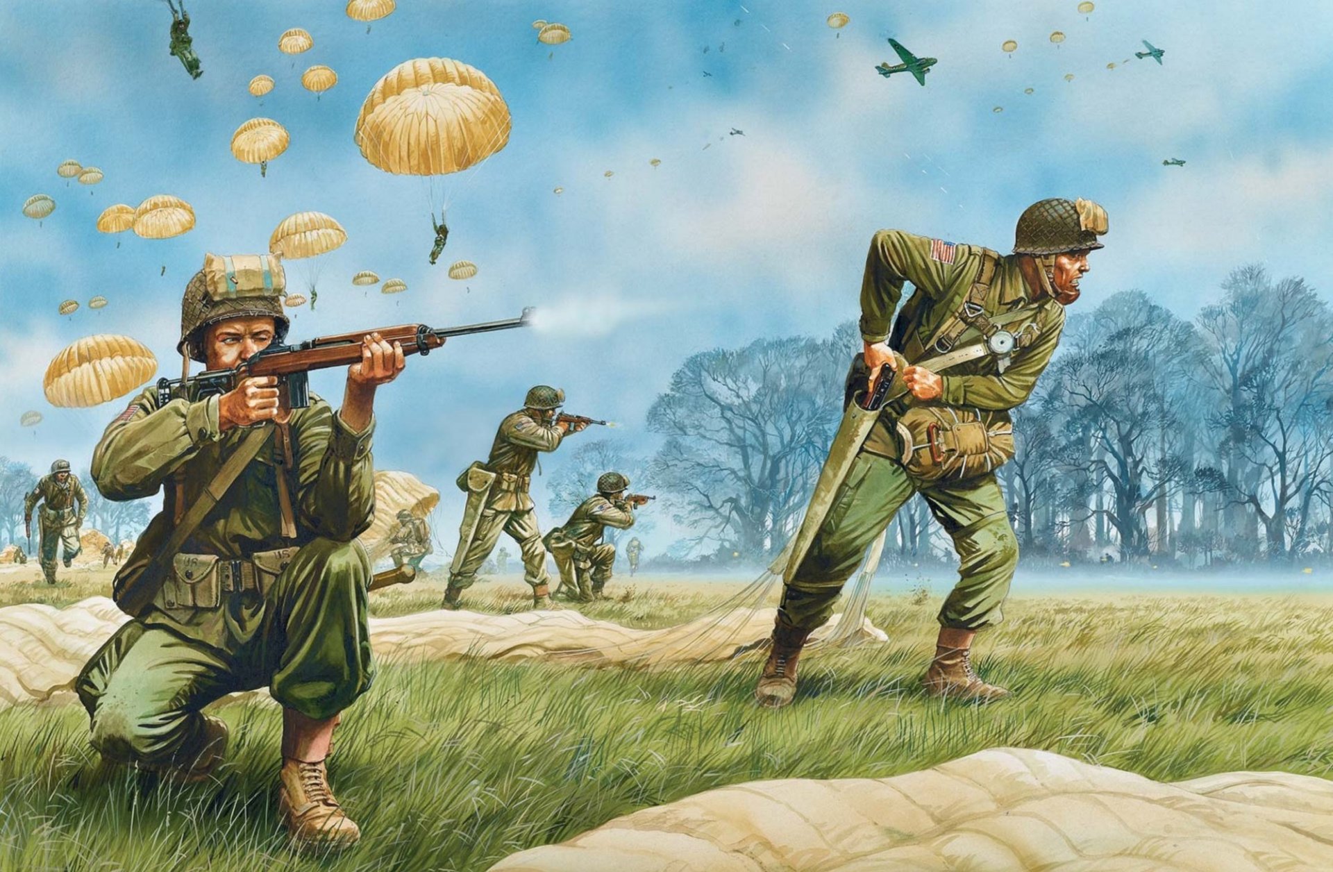 art aéroportée troupes états-unis soldats équipement armes parachutes herbe arbres dessin