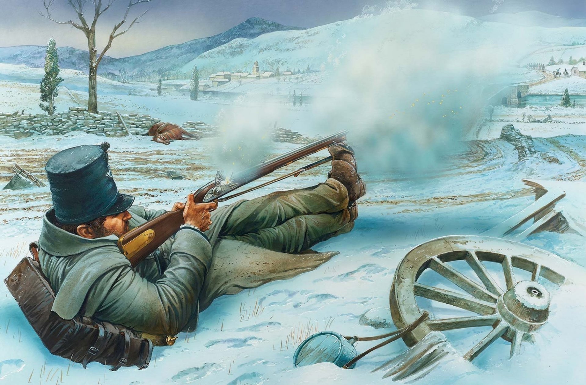 art winter men rifle shooting from the stop town river bridge the enemy picture