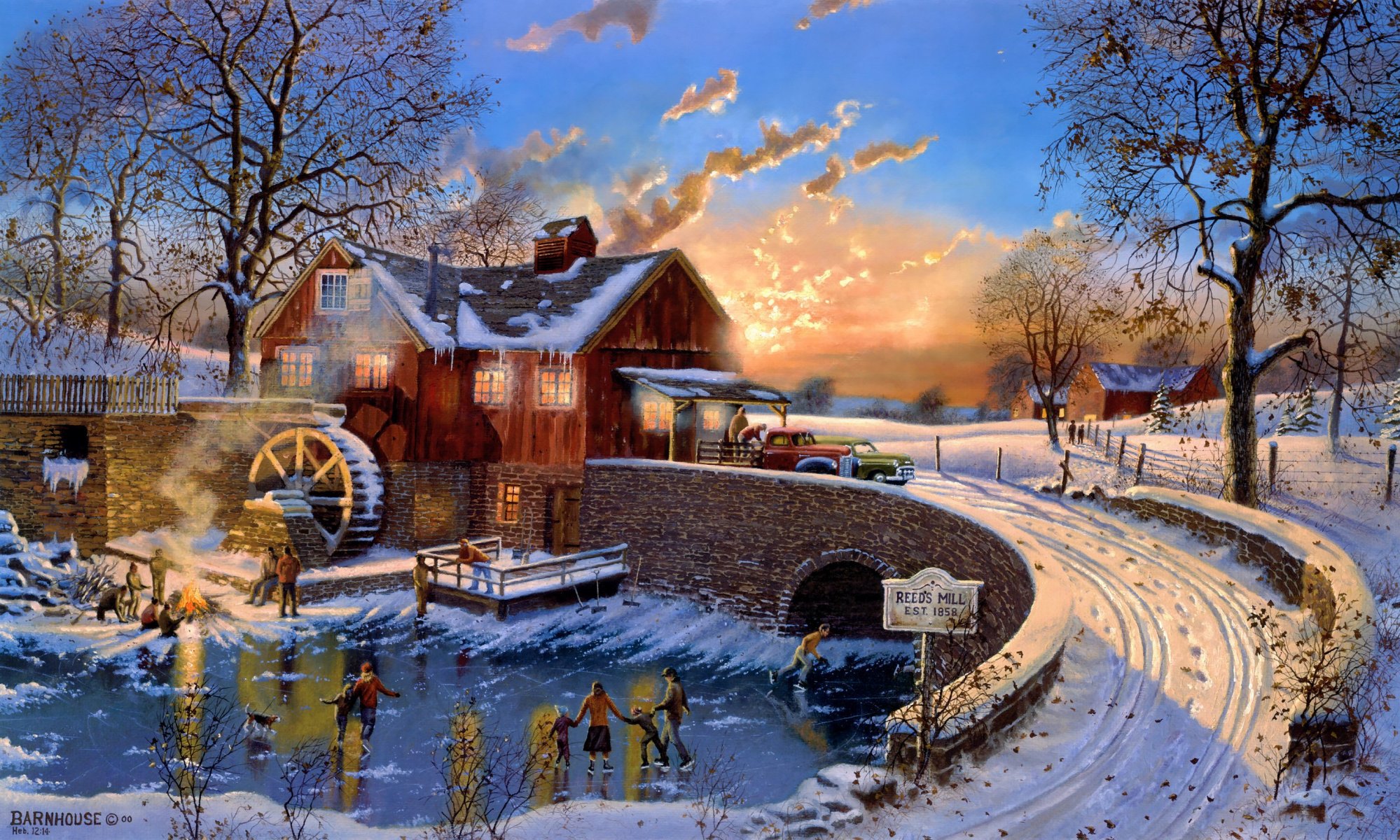 dave barnhouse partie de patinage peinture fin de l automne hiver feuilles mortes froid patinoire maison voiture soirée pont moulin moulin reed