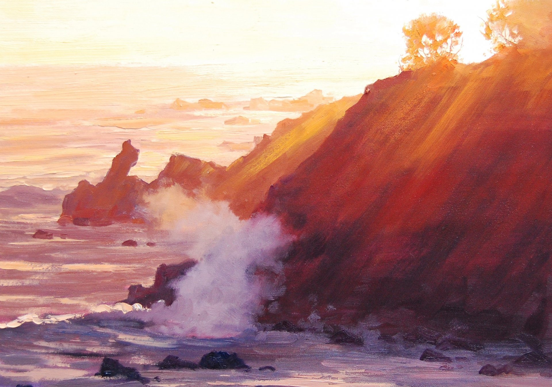 art artsaus nature beach hill sea waves sun rays tree