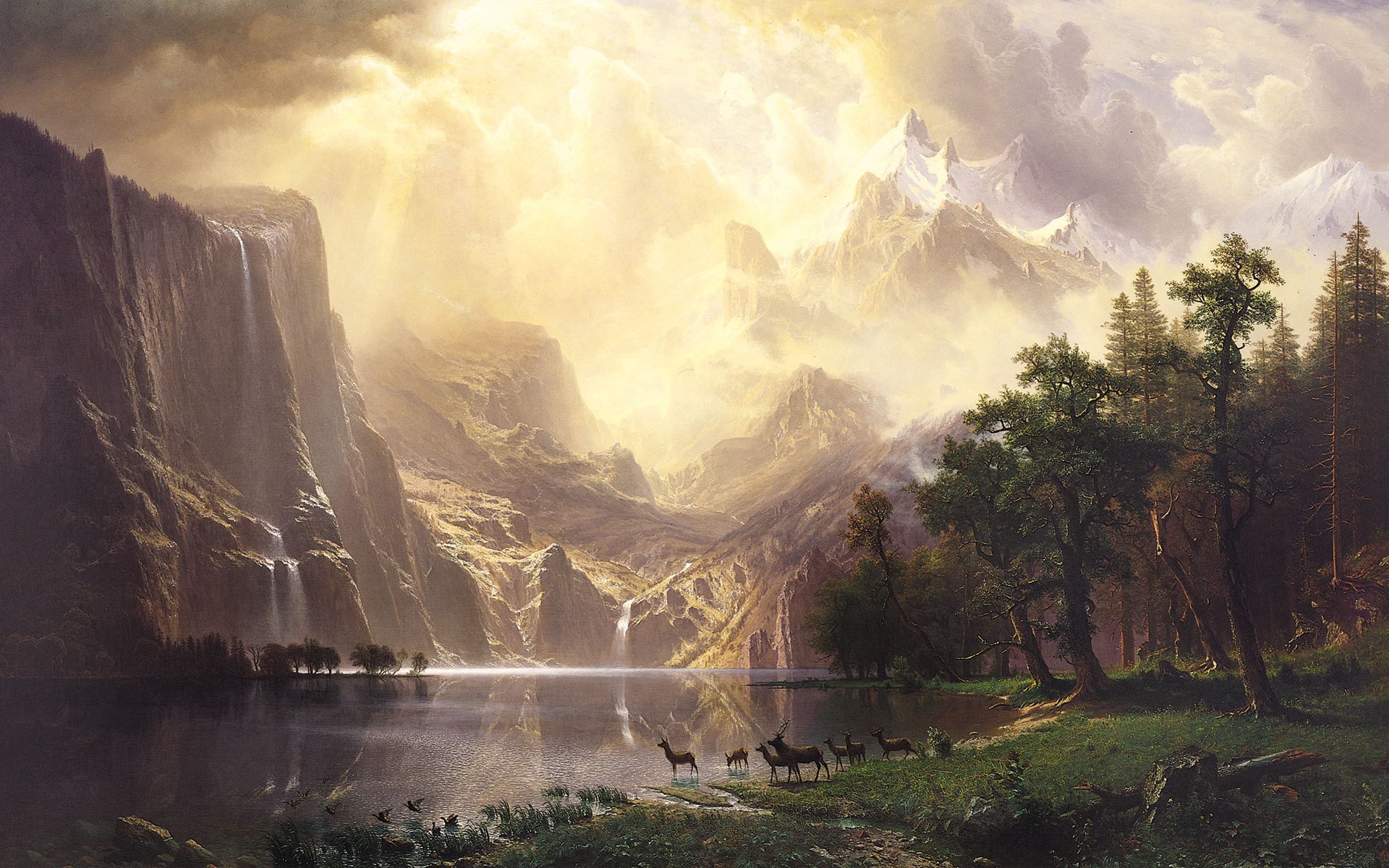 bierstadt landscape mountain waterfall lake reindeer forest sky