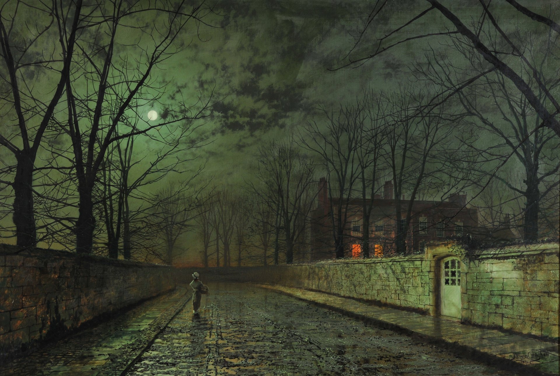 pintura john atkinson grimshaw noche luna calle chica casa cerca puerta portillo ventanas luz carretera nubes árboles ramas otoño oscuridad