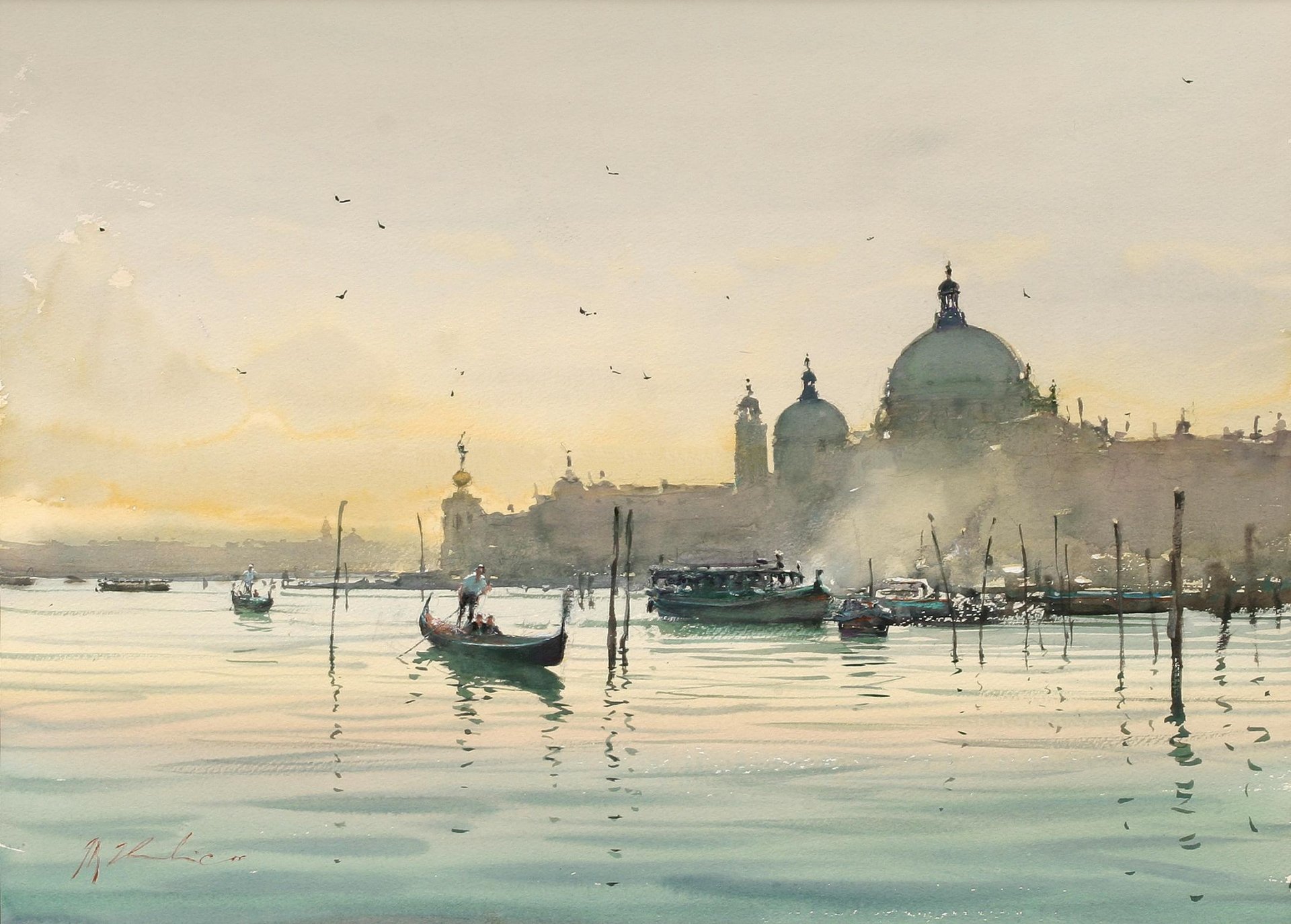 aquarell joseph zbukvic stadt venedig italien morgen boote gondel wasser vögel