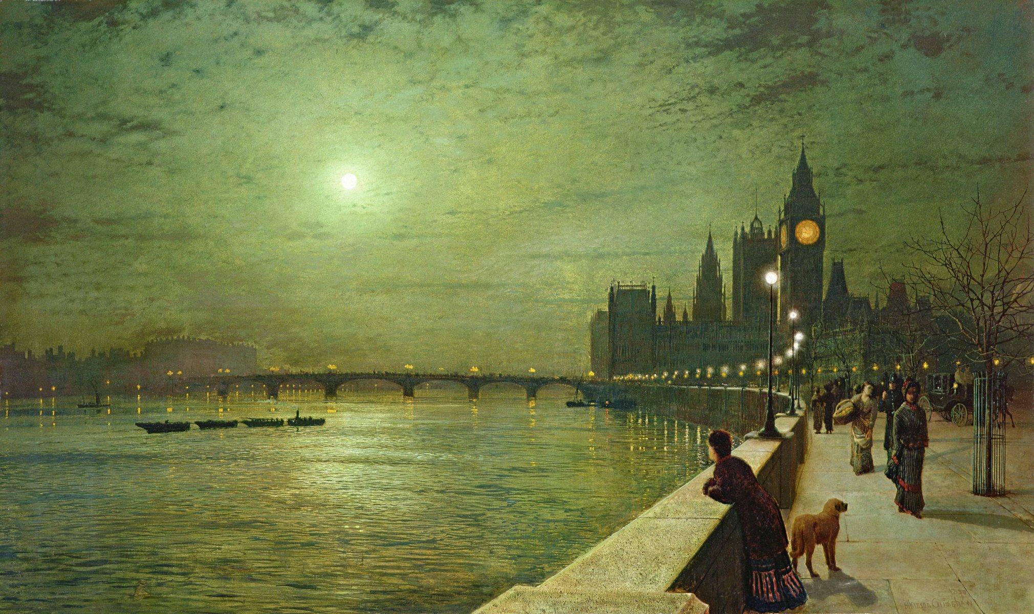 immagine john etkinson grimshaw notte luna lungomare parapetto ponte fiume lanterne barche torre big ben londra persone cane