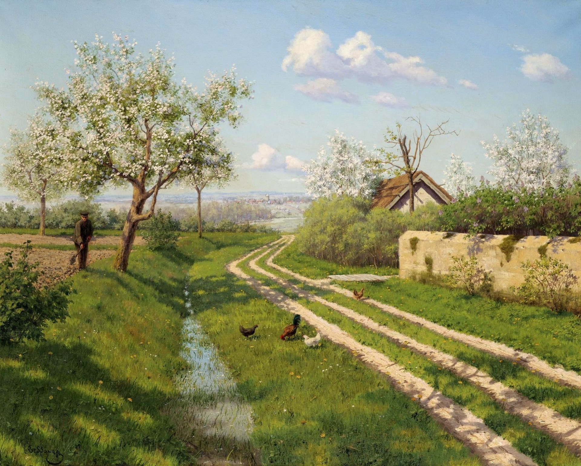 pittura paesaggio boris bessonov primavera villaggio casa tetto alberi fioritura strada marciapiede erba polli