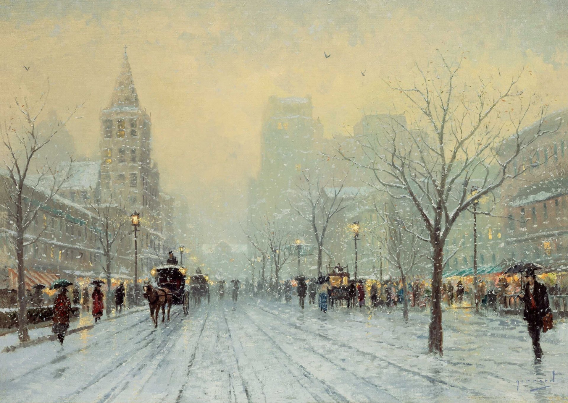 blue boulevard thomas kincaid painting blue boulevard boulevard winter cold frost windy snowy evening lanterns pedestrians carriage carriage shop windows snow slippery street buildings winter fog fog paris france