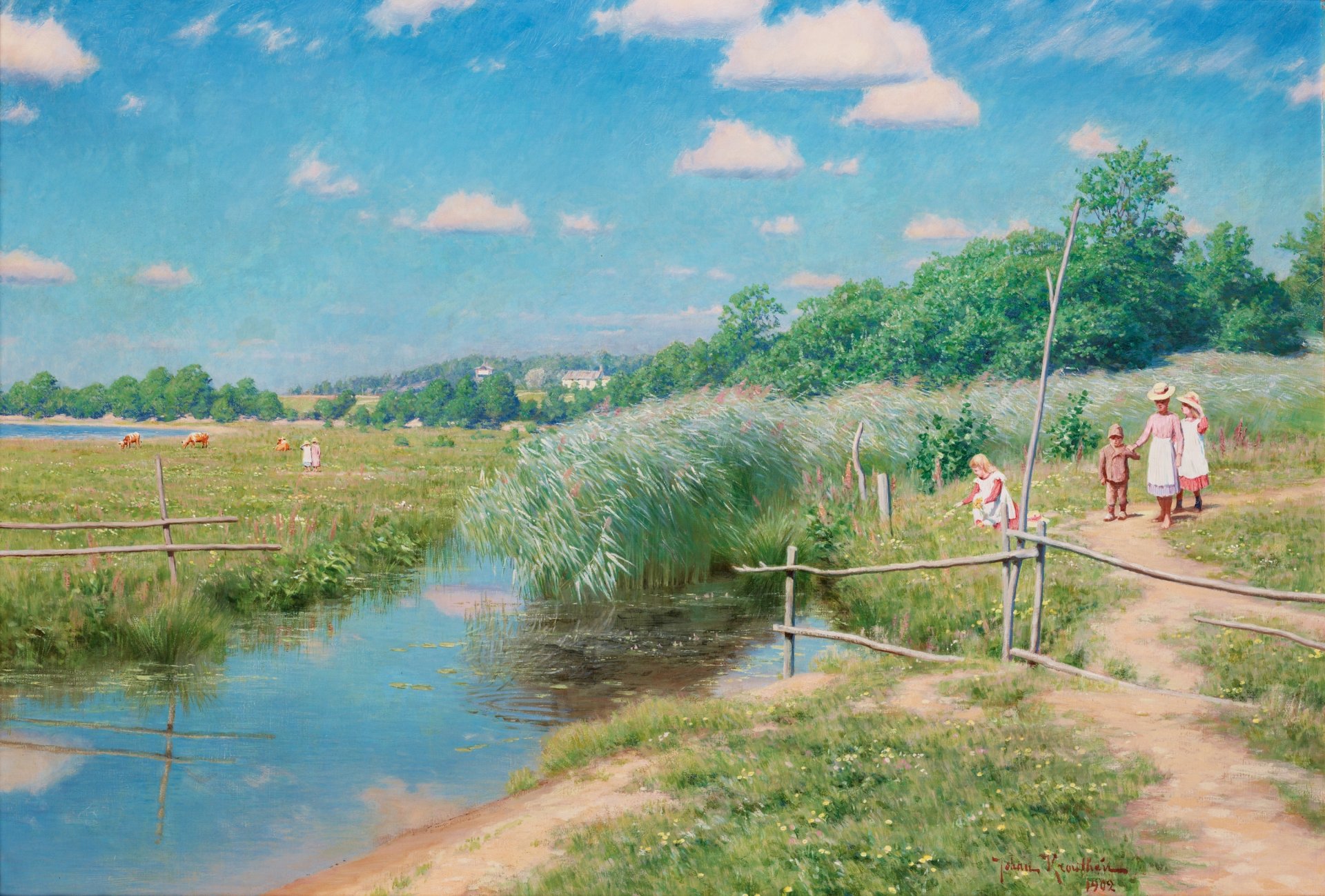 peinture paysage johan krouthen été village promenade enfants pré pâturage sentier ruisseau marais roseaux arbres ciel nuages