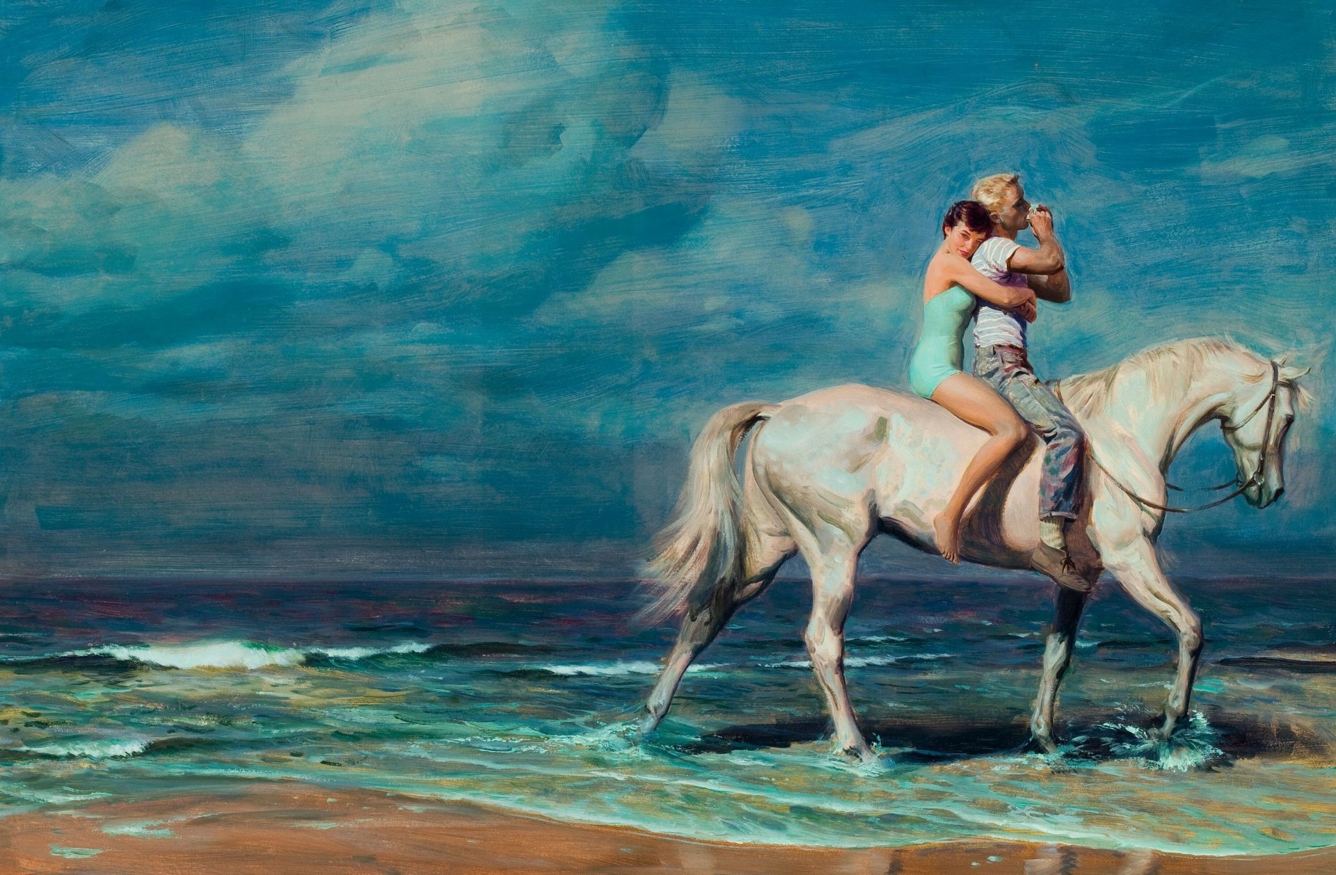 tom lovell deux homme femme cheval côte eau