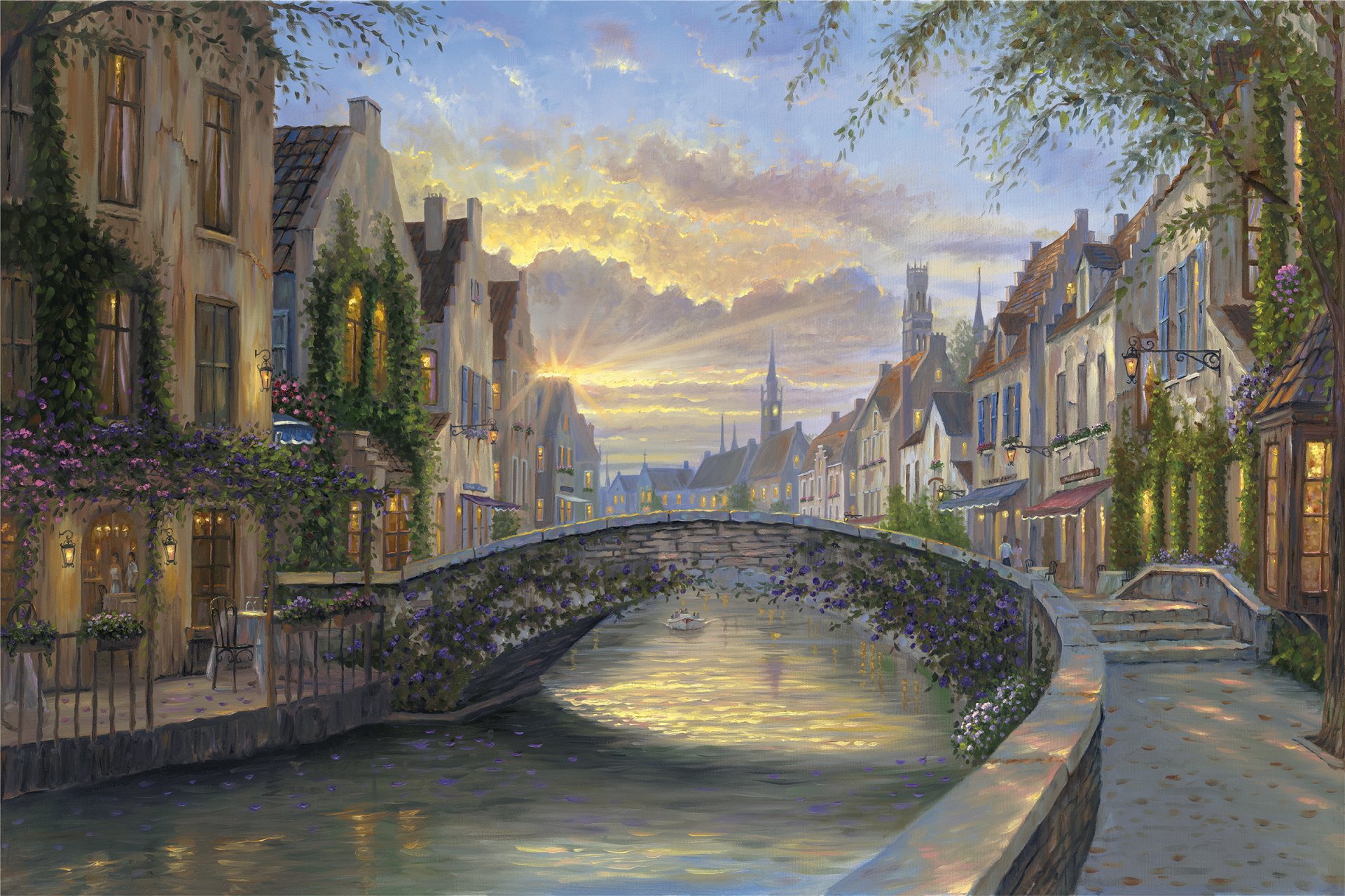 robert finale riflessione del belgio pittura belgio sera tramonto case ponte fiume canale d acqua fiori