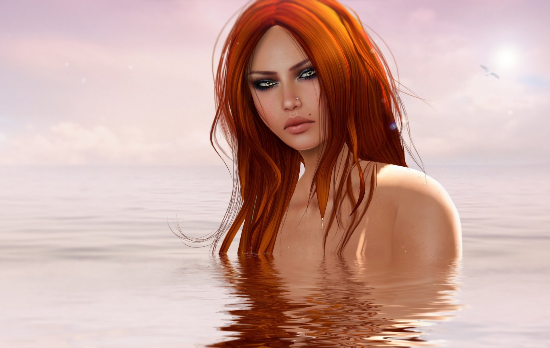 girl red water ripple sun horizon