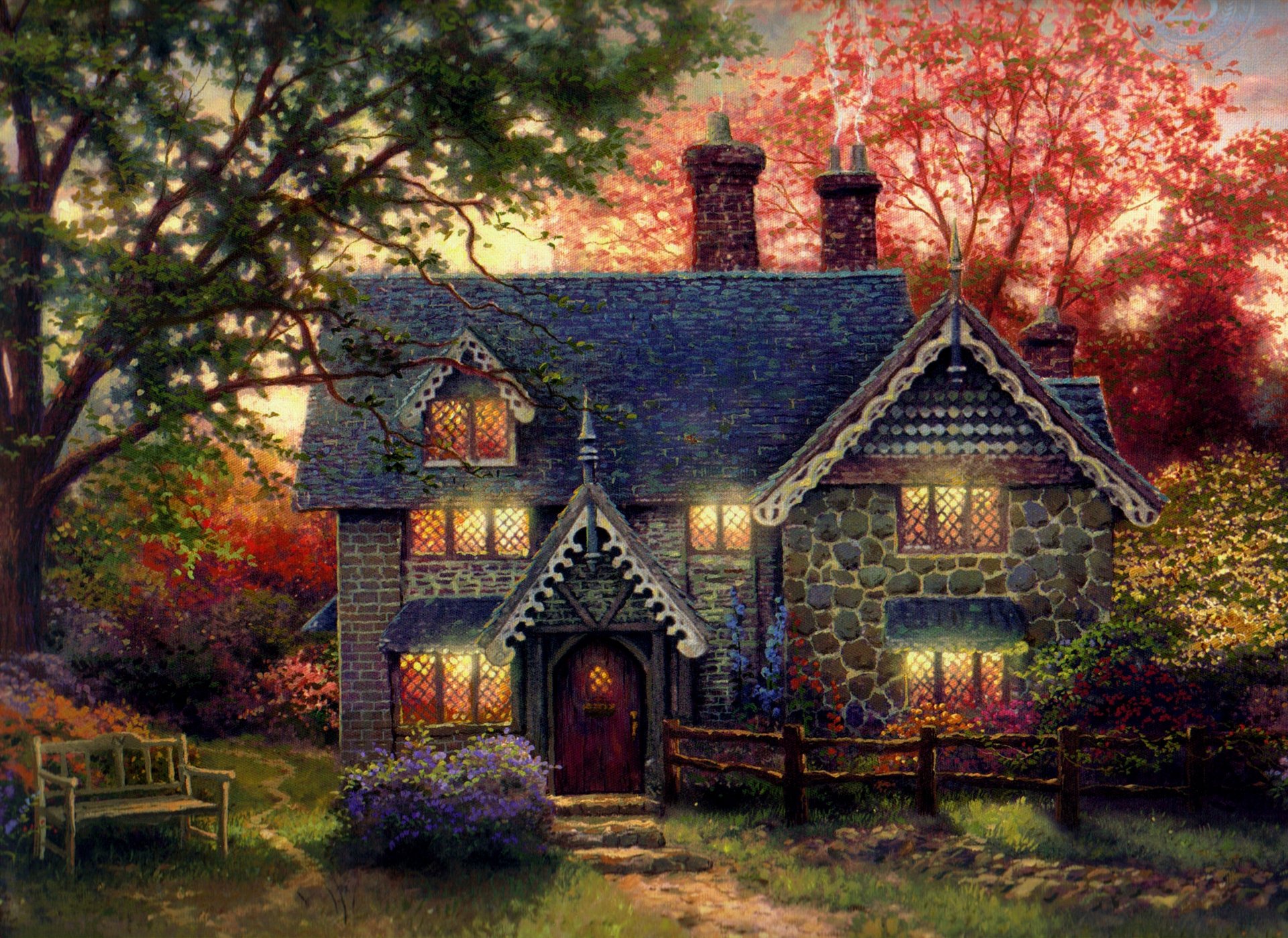 thomas kinkade gingerbread cottage art painting night stone cottage cottage light in the windows shop bench house