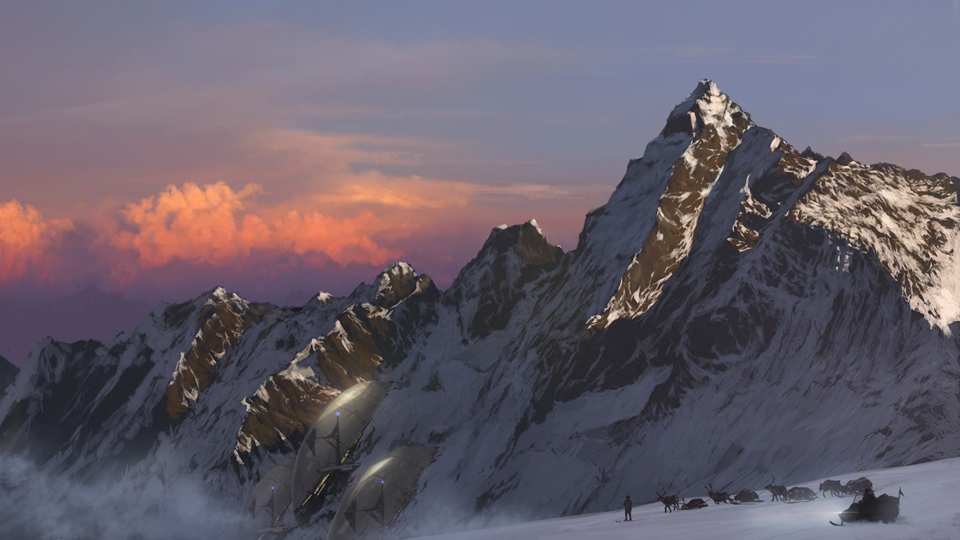 art montagnes crête neige personnes voyageurs ski cerfs traîneau