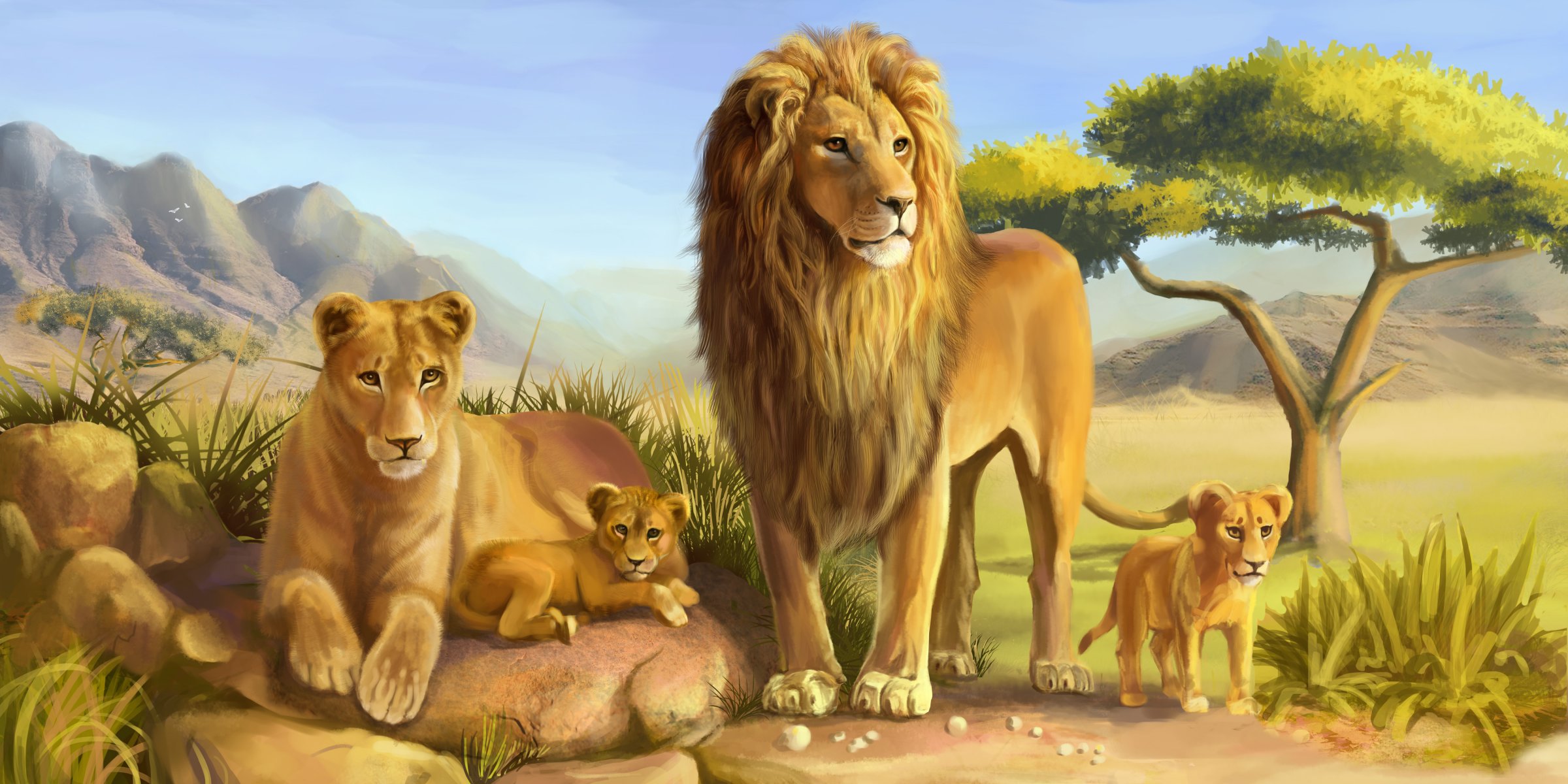 art lions lion lionne prédateurs chats sauvage savane famille pierres arbre cub lionceau