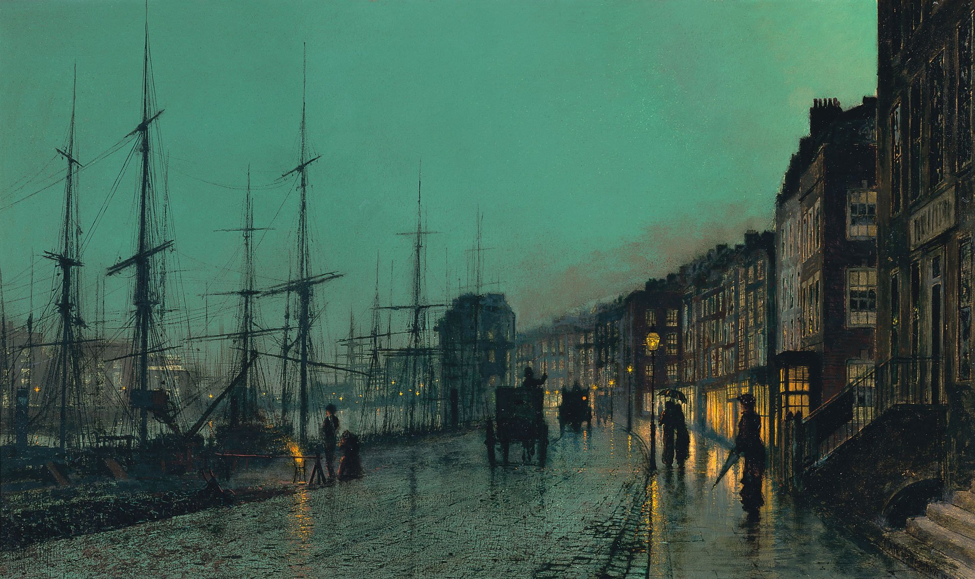 pittura john etkinson grimshaw notte strada città porto molo navi alberi ponte carrozza case