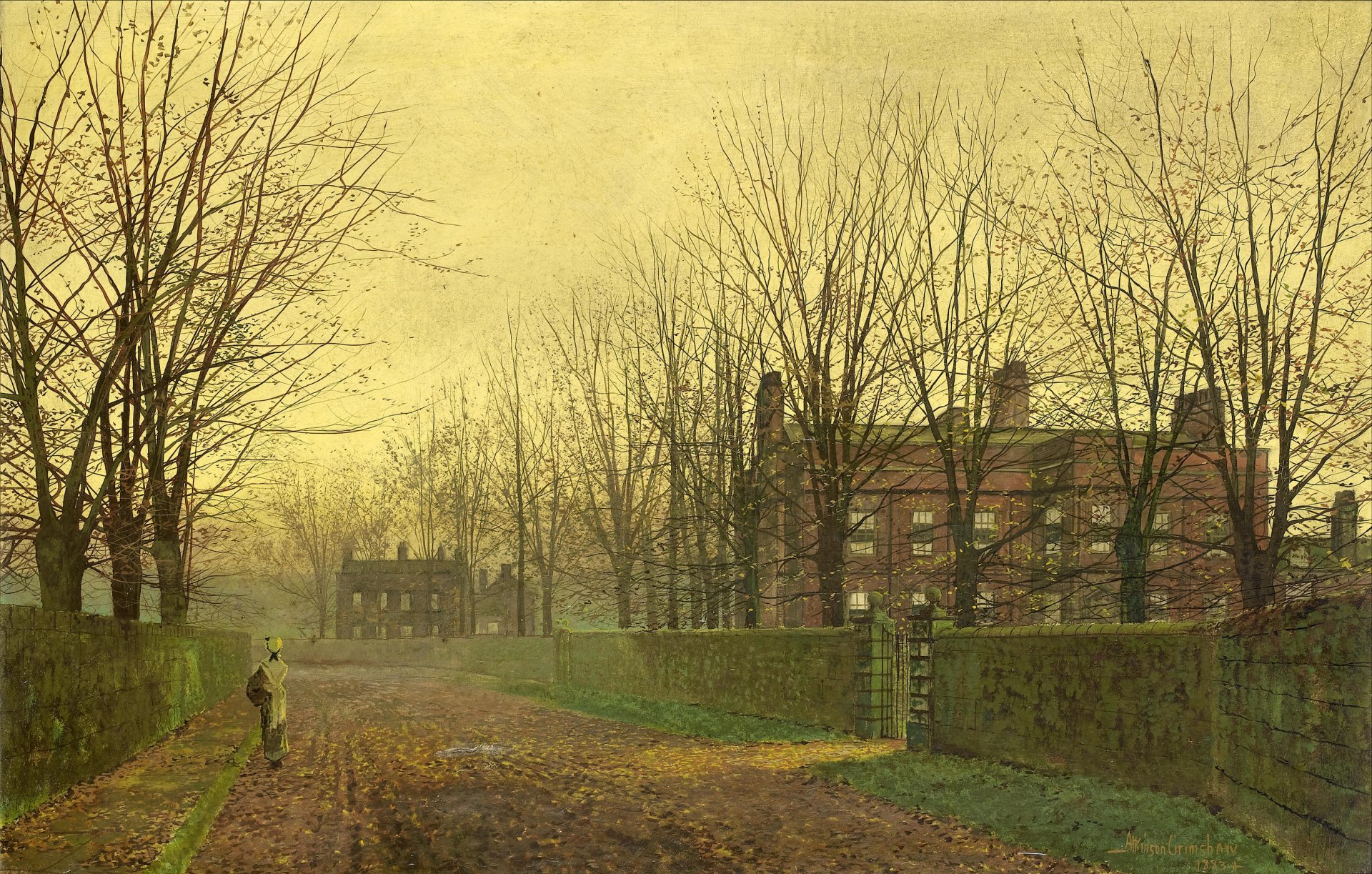 peinture john etkinson grimshaw automne ruelle rue arbres branches feuilles maison fille guichet clôture