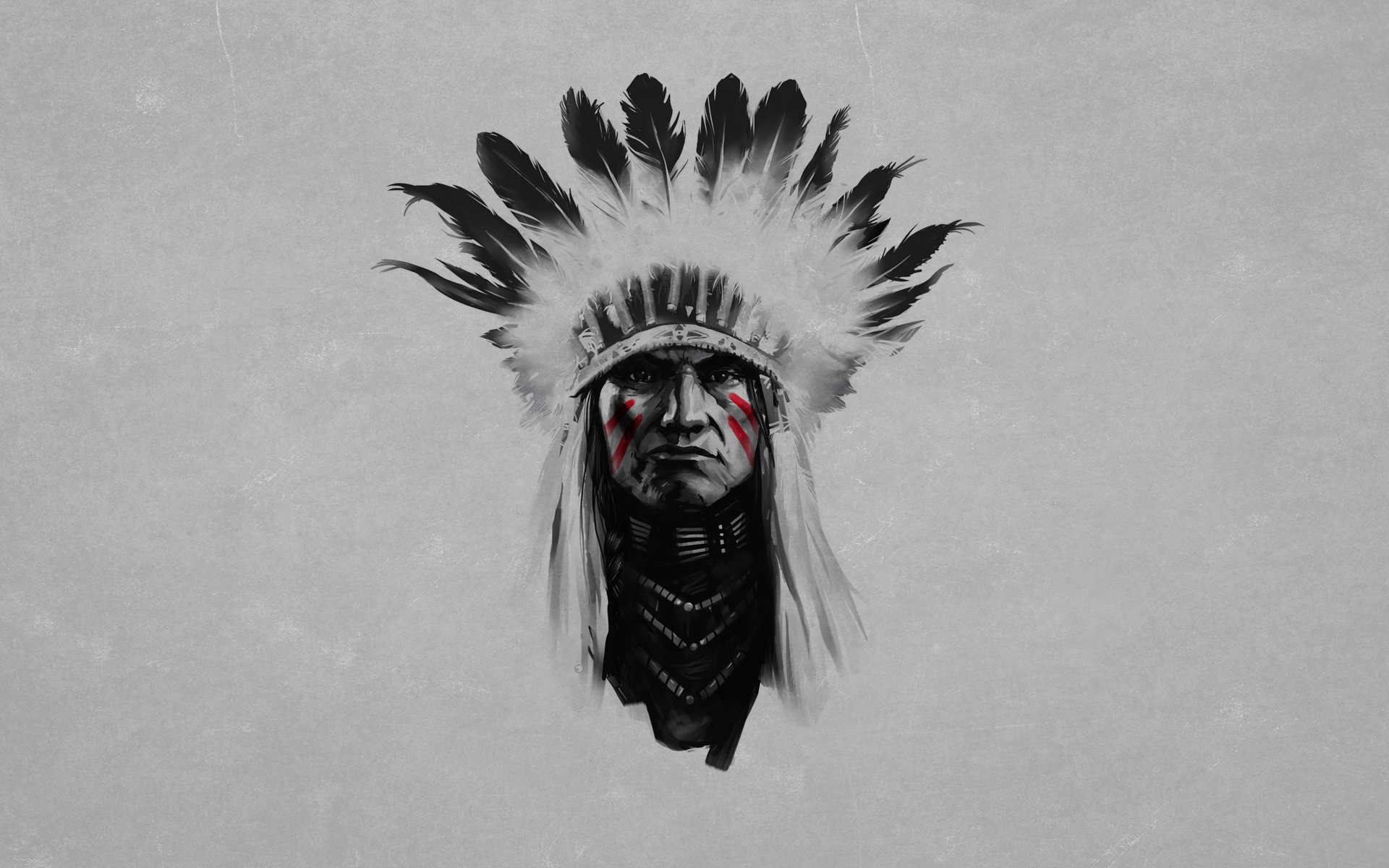 indio jefe piel roja plumas blanco y negro rayas rojas serio pintura