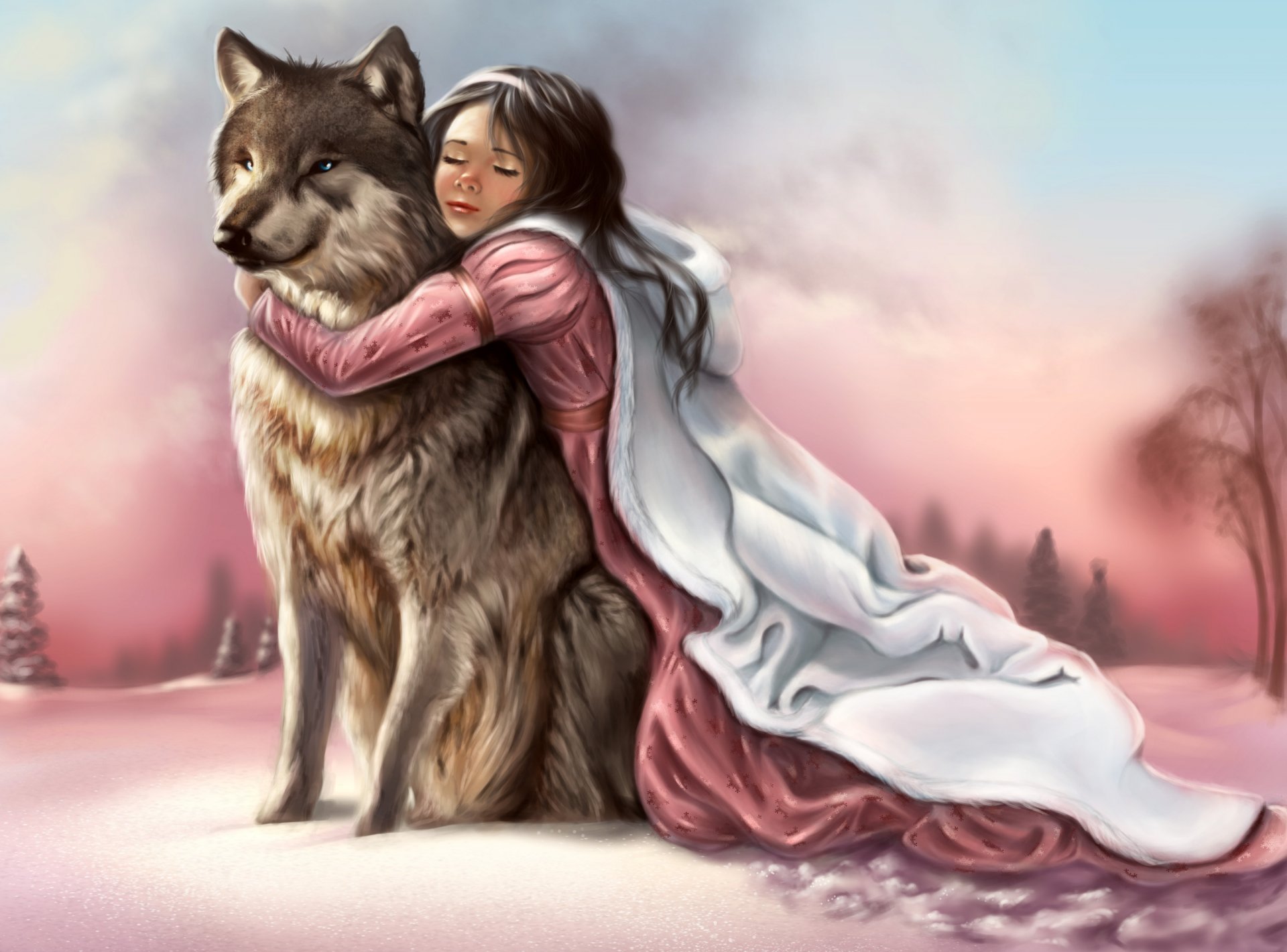 painting art girl pink dress face closed eyes hands hugs wolf animal predator muzzle look paws snow winter footprints sky