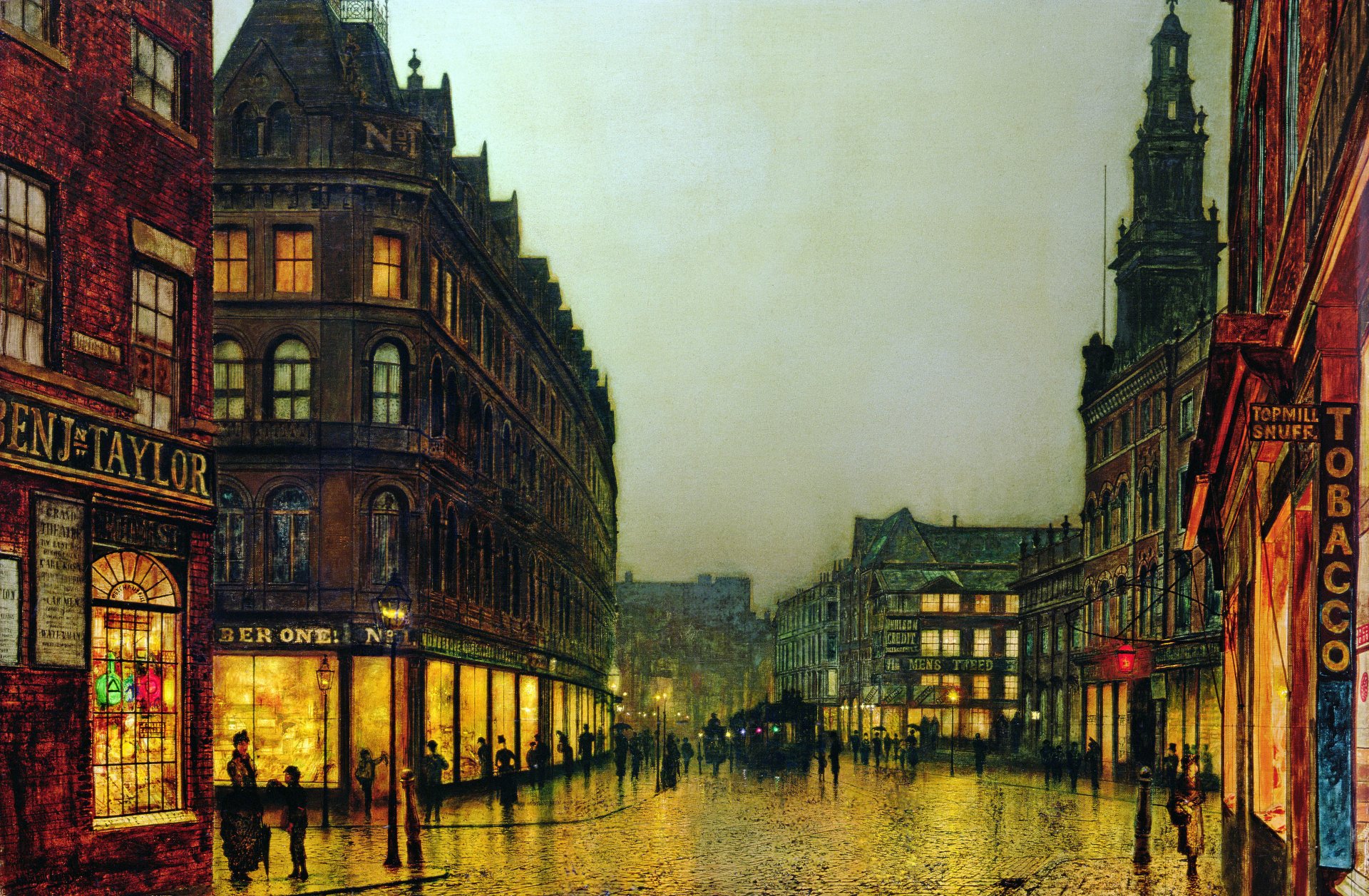 malerei john atkinson grimshaw stadt straße häuser schaufenster menschen schilder laternen fenster licht