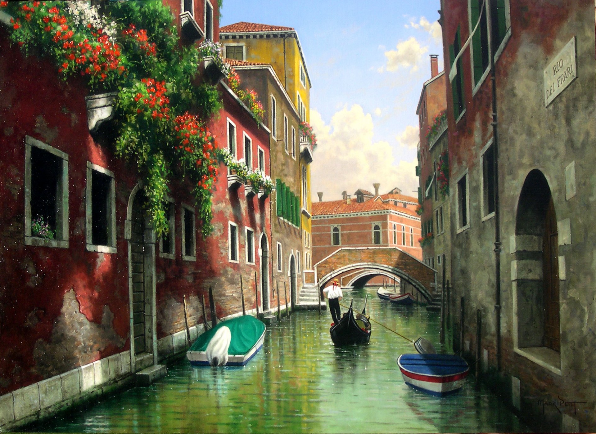 pittura marc petite venezia italia canale case finestre ponte gondola barche balconi fiori acqua