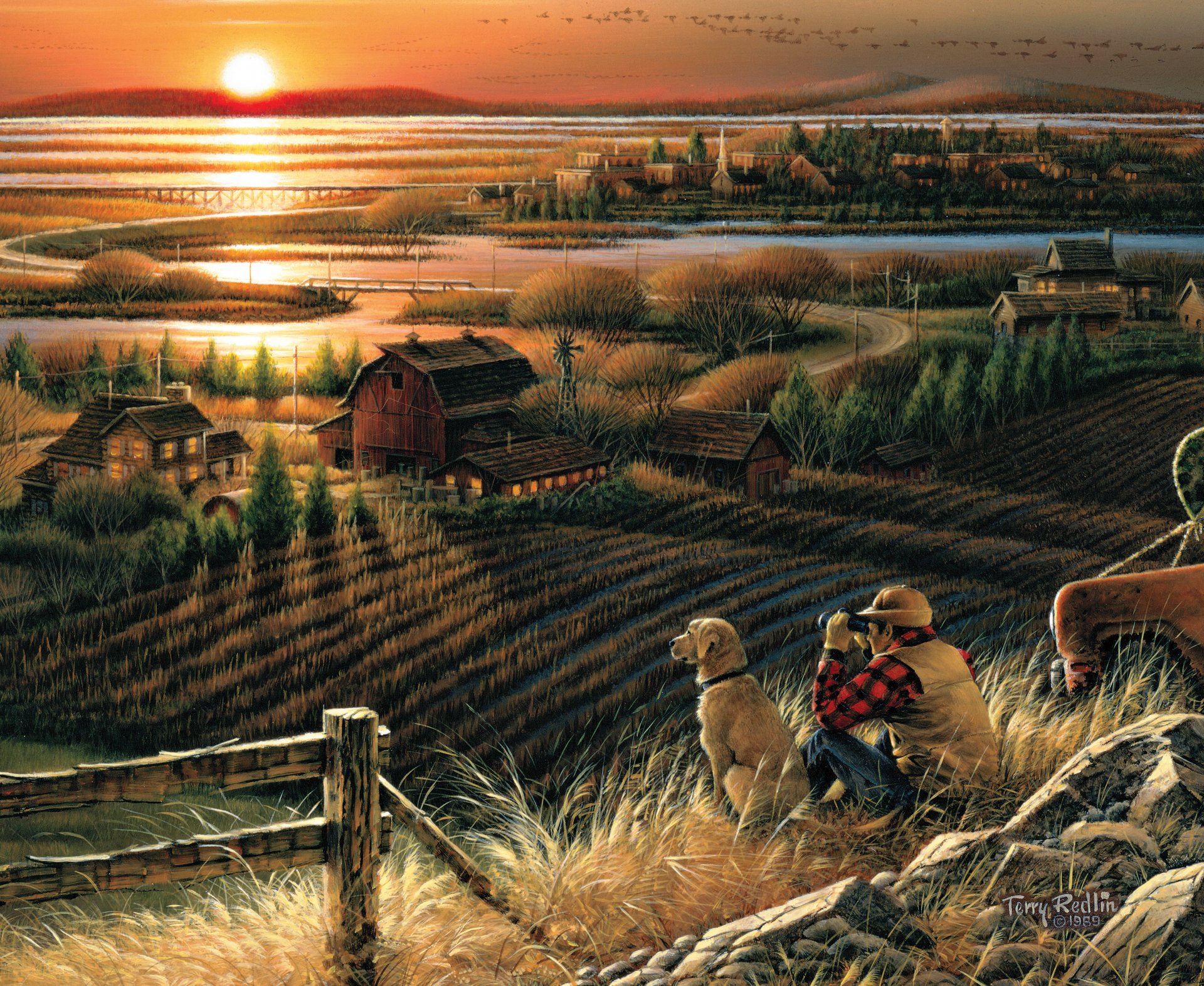 terry redlin migliori amici pittura autunno sera tramonto casa fiume ponte campo cane binocolo uccelli migratori