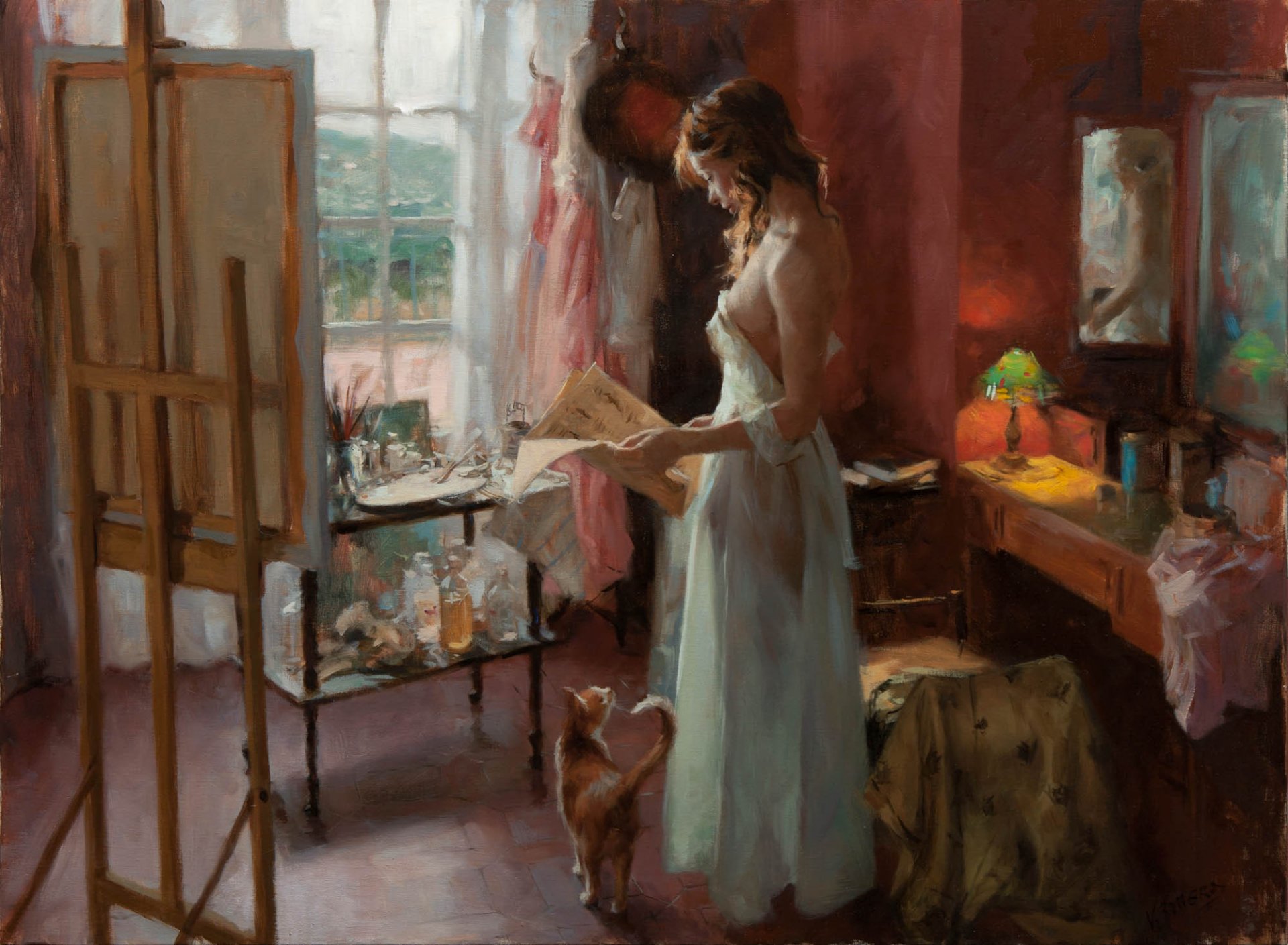 pittura arte vicente romero ragazza lenzuolo gatto stanza laboratorio cavalletto mattina giornale tavolo specchio lampada finestra