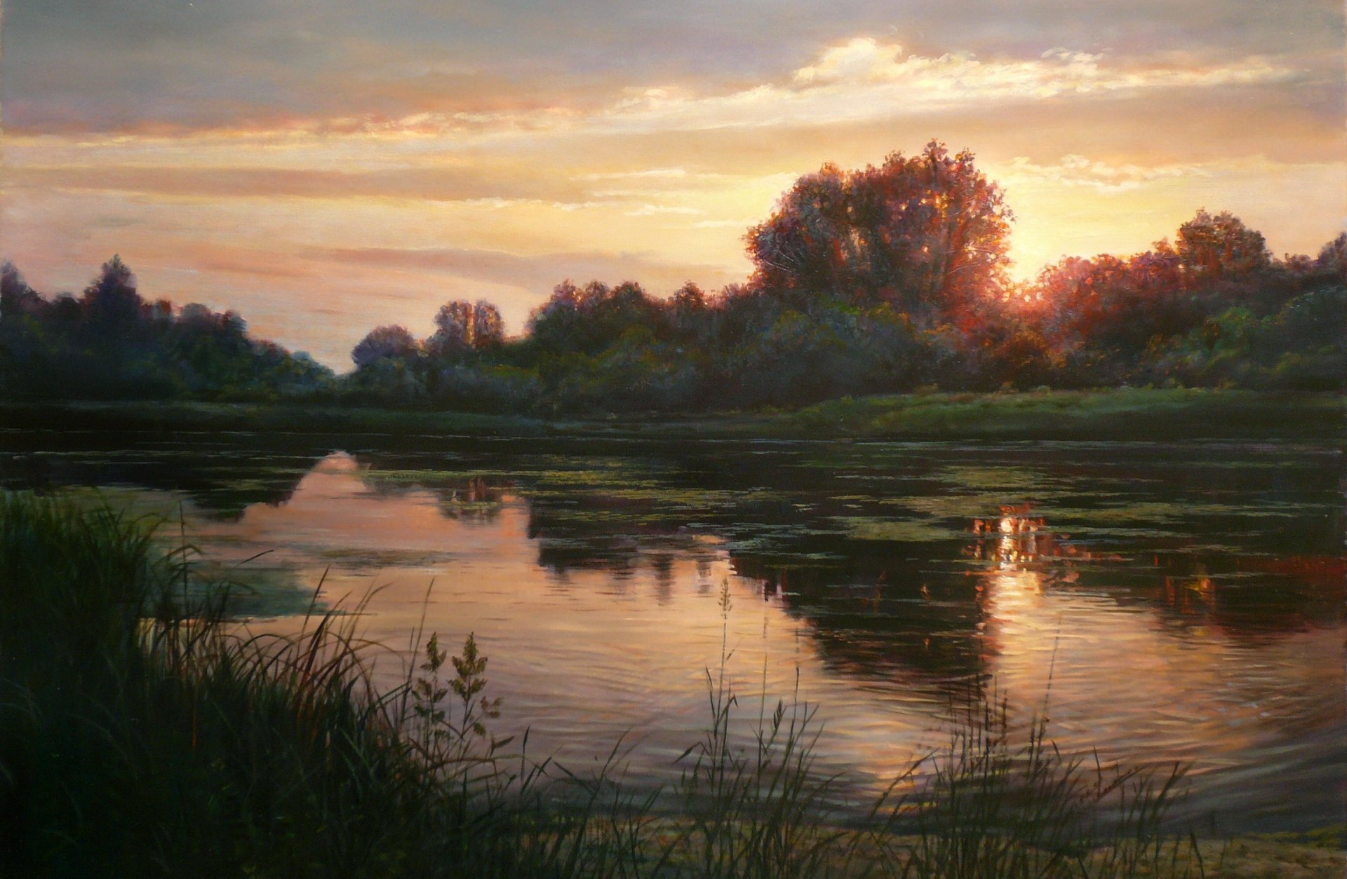 peinture paysage zbigniew kopania lac réflexion coucher de soleil soir côte arbres brins d herbe lumière ciel