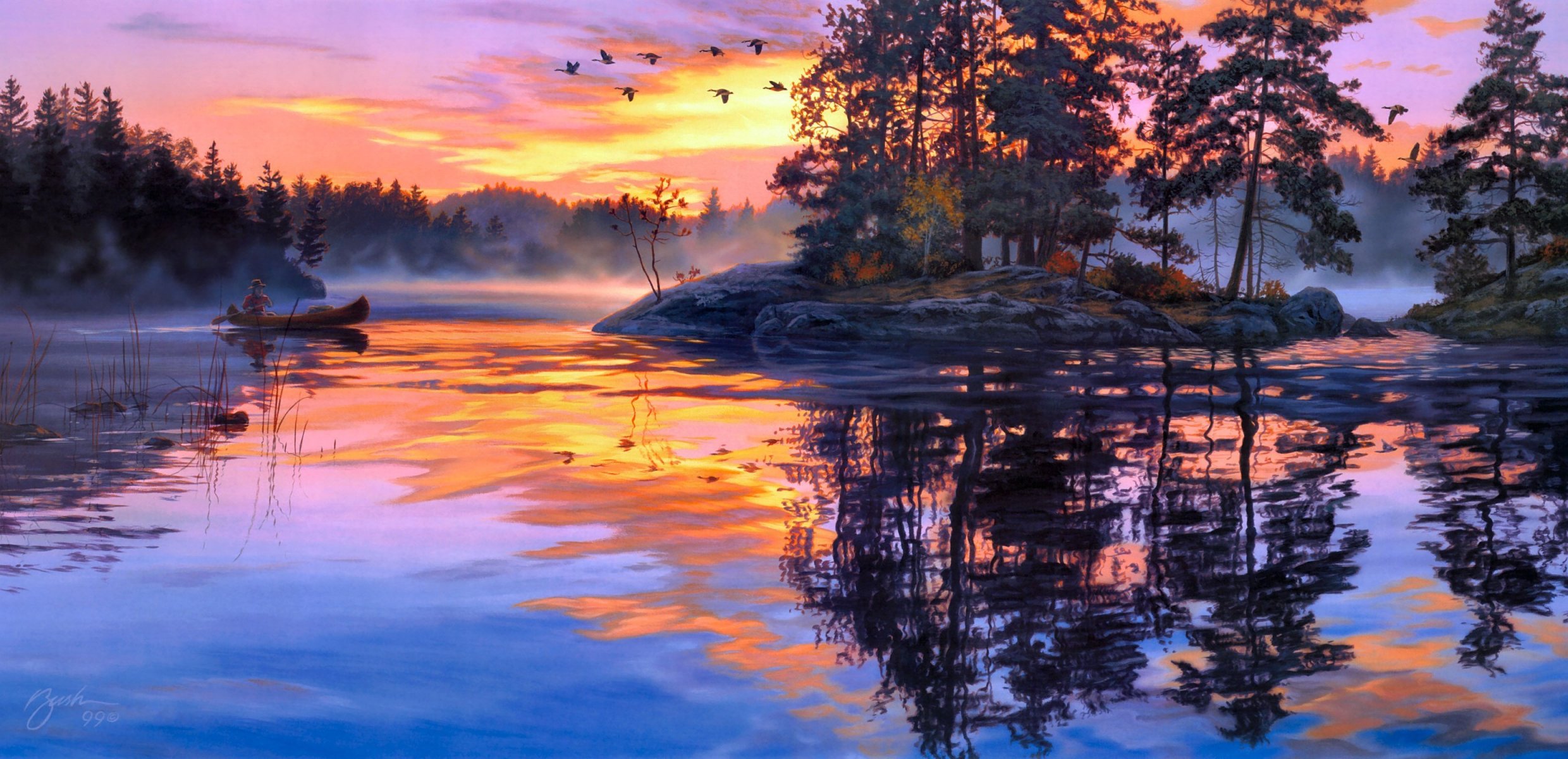 darrell bush leurre désert rivière matin aube brouillard bateau île forêt lac canards peinture