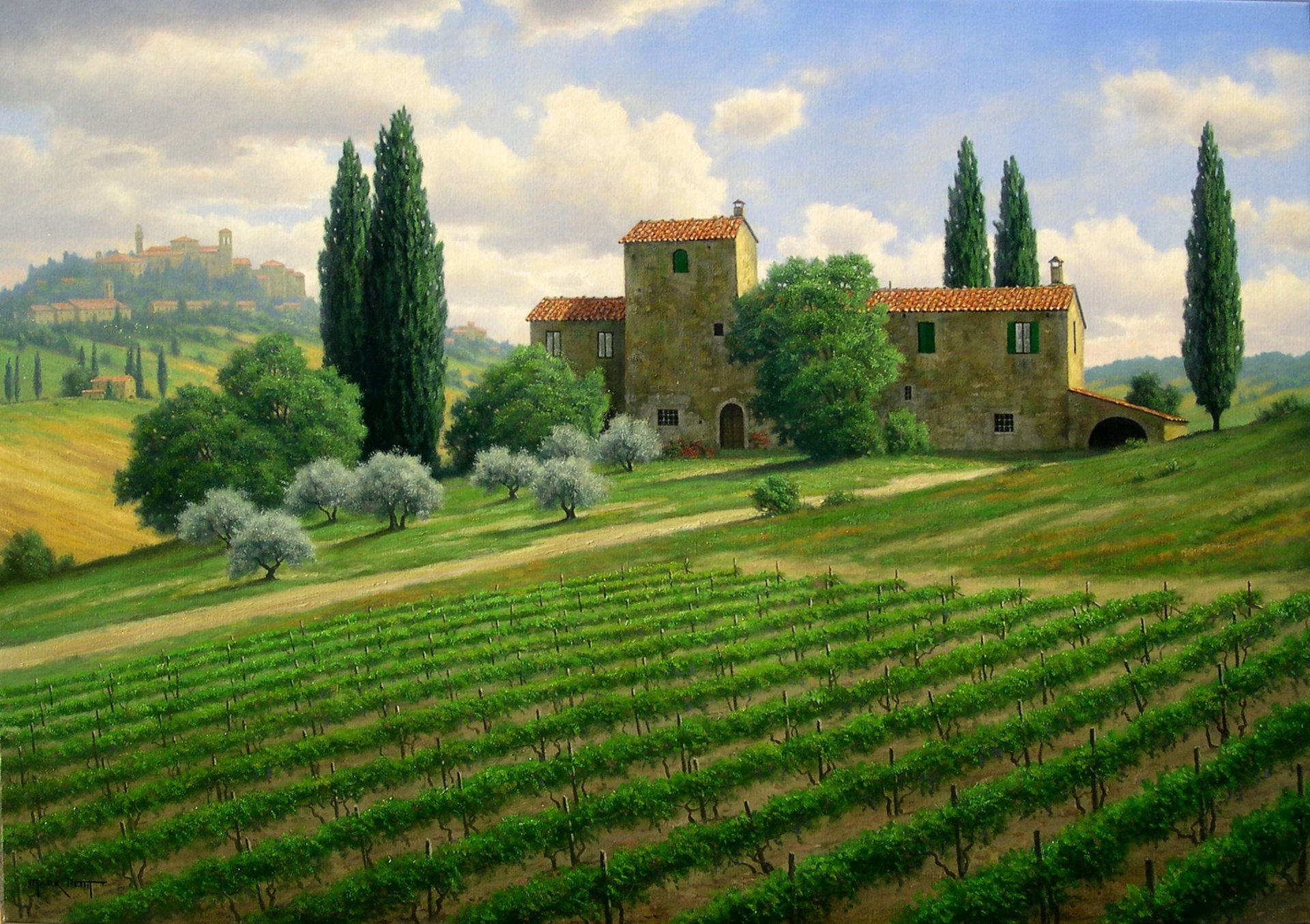 peinture paysage marc petit italie champs maison arbres cyprès collines vignes