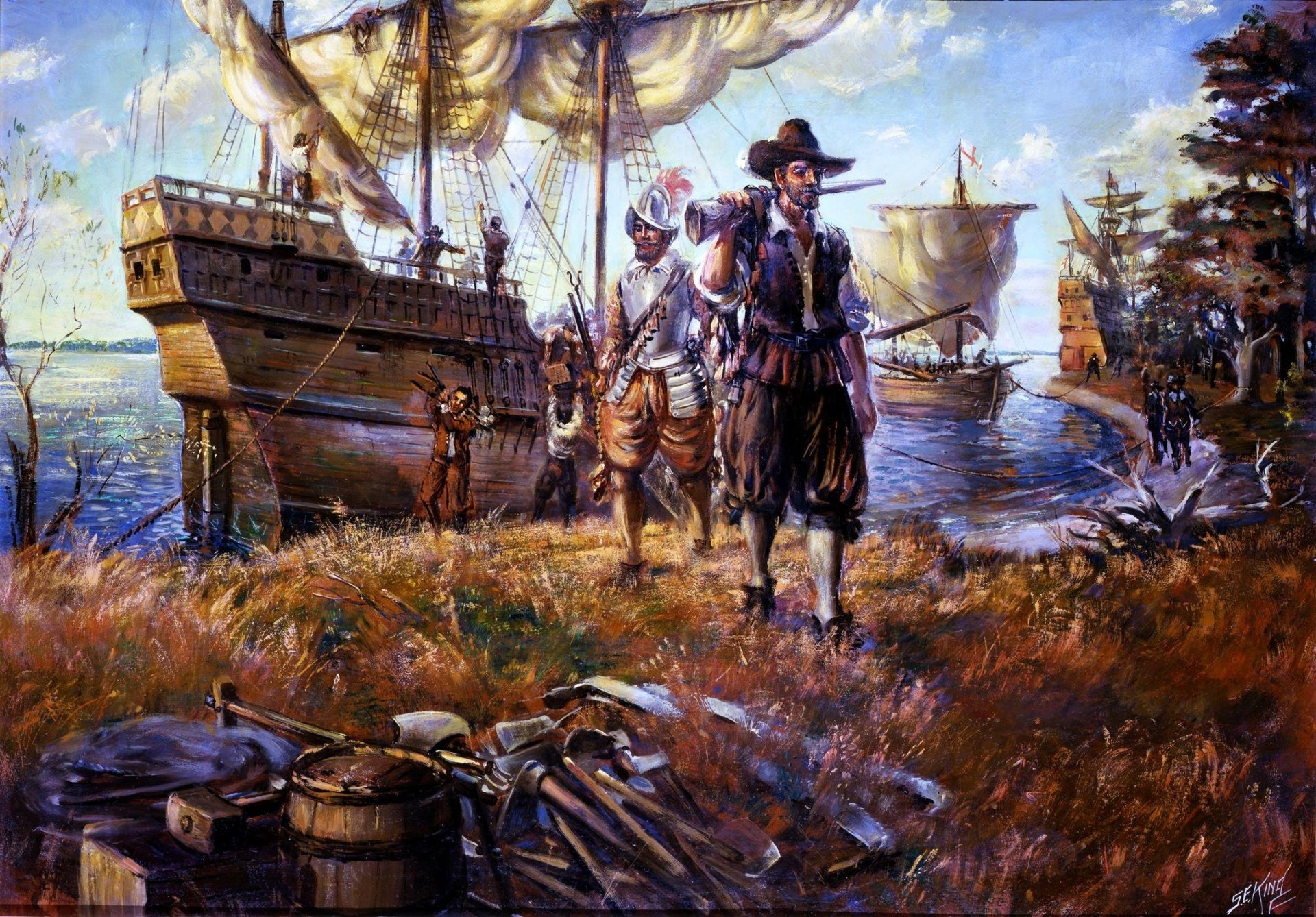 estuario chesapeake bahía barcos costa británicos .primero colonos jamestown pintura óleo sobre lienzo