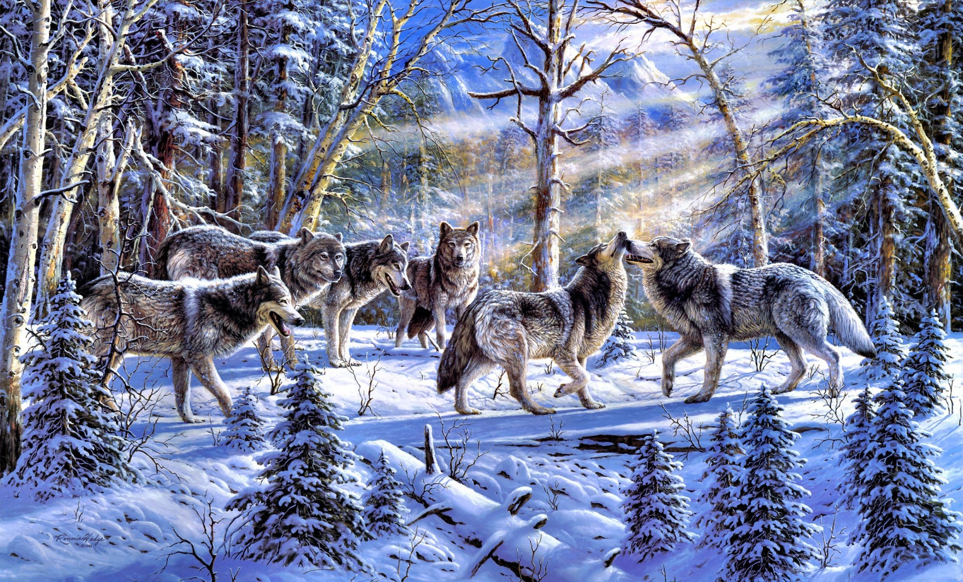 ronnie cobertura ideas afines pintura bosque invierno lobos bandada rayos del sol abeto naturaleza animales