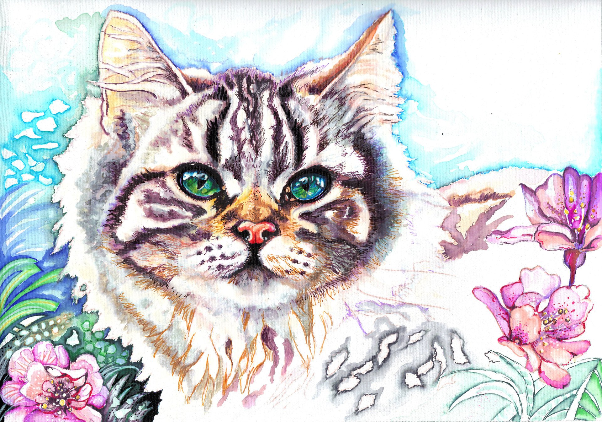 christina papagianni pintura animal gato ojos verdes hocico orejas mirada flores