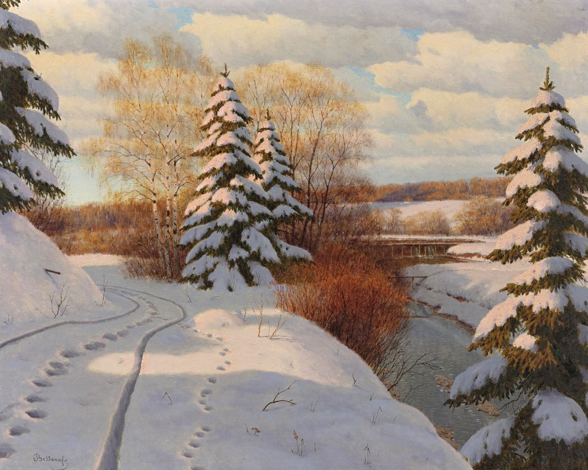 pintura paisaje boris bessonov invierno nieve huellas río orilla árboles abedules árboles de navidad