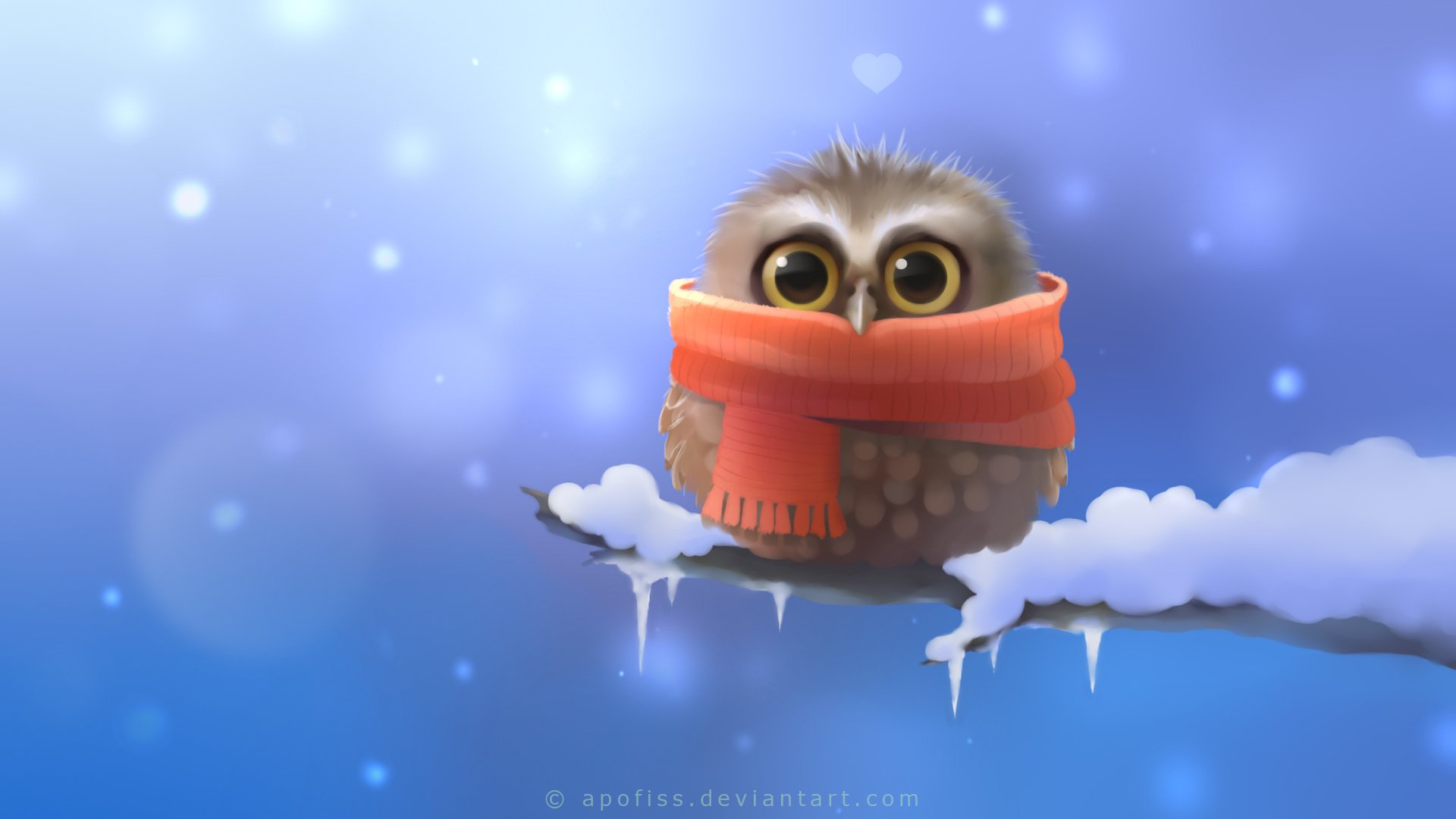 art apofiss hibou oiseau écharpe branche neige coeur