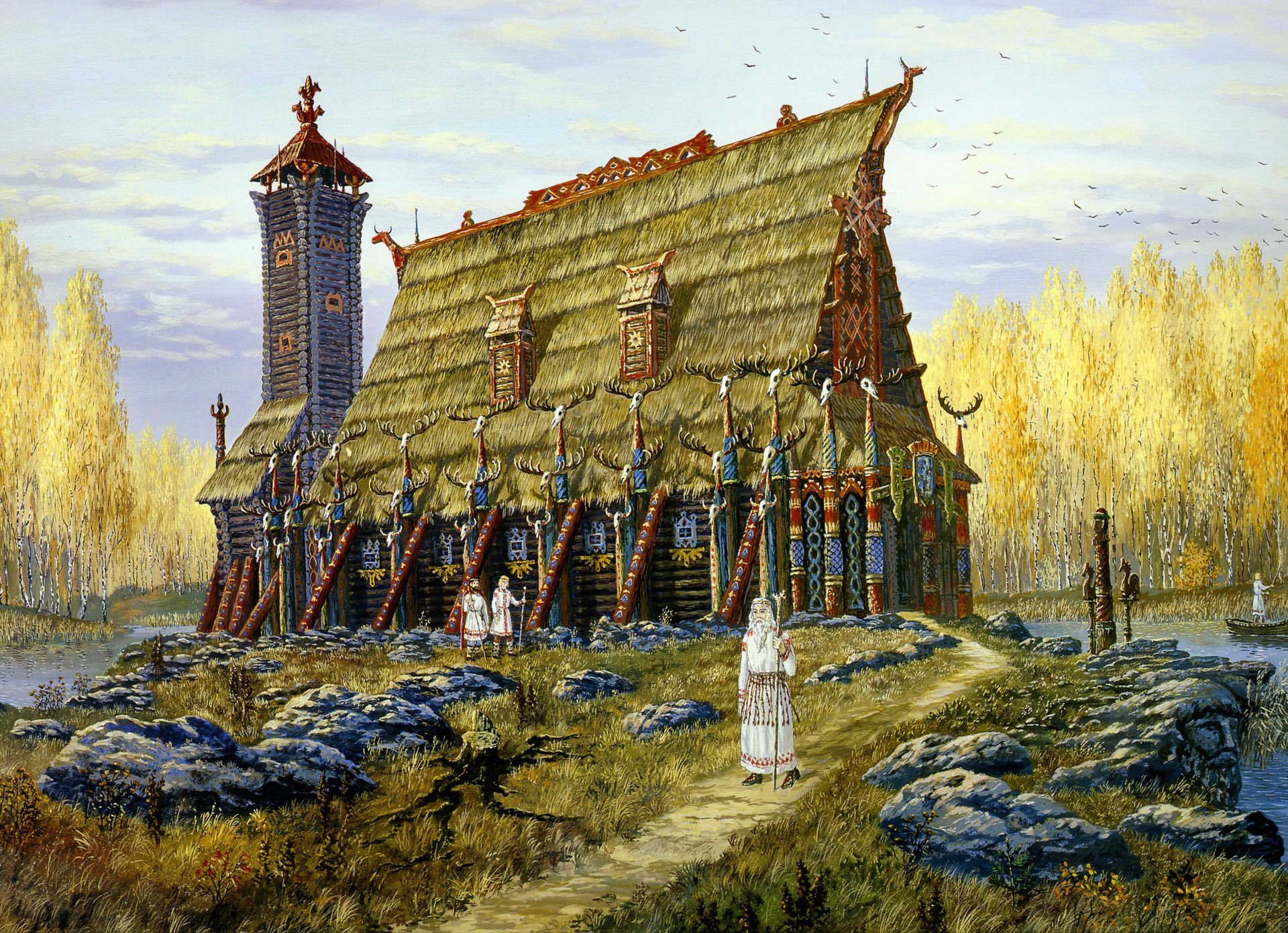 templo de hors. otoño vsevolod ivanov eslava pintura historia folclore ruso lago templo antiguo torre arboleda de abedul mago