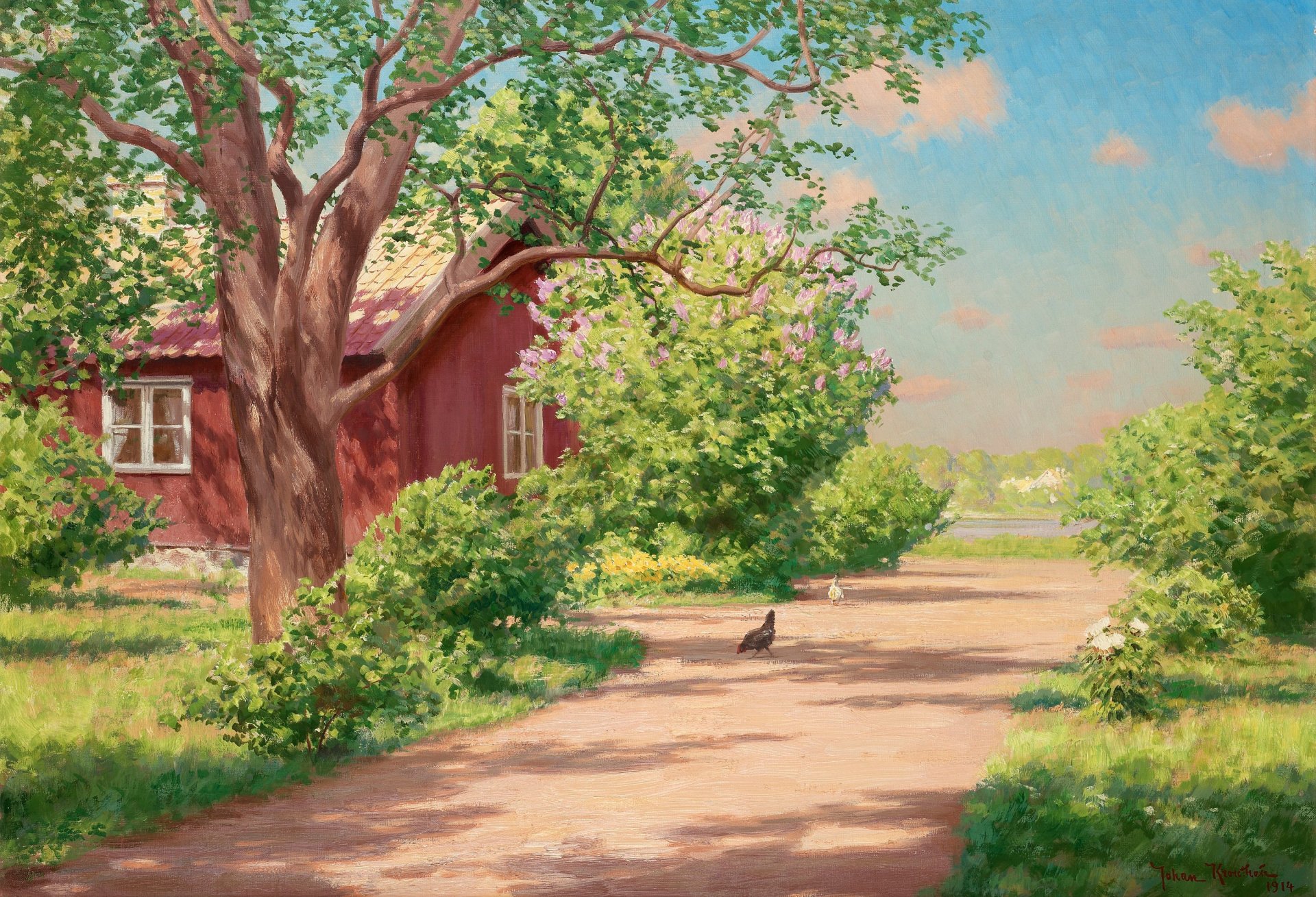 pittura paesaggio johan krouthen estate casa cottage villaggio sentiero alberi cespugli fiume polli