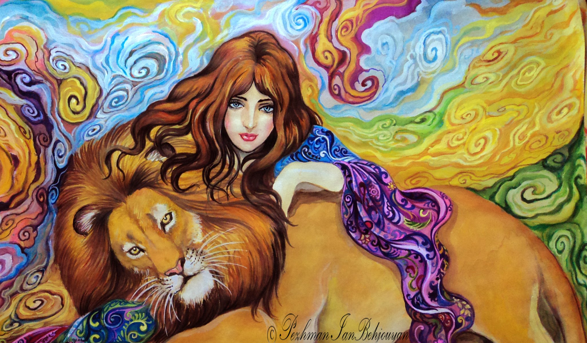 peinture art fille vue visage yeux cheveux main animal prédateur lion crinière fond abstraction